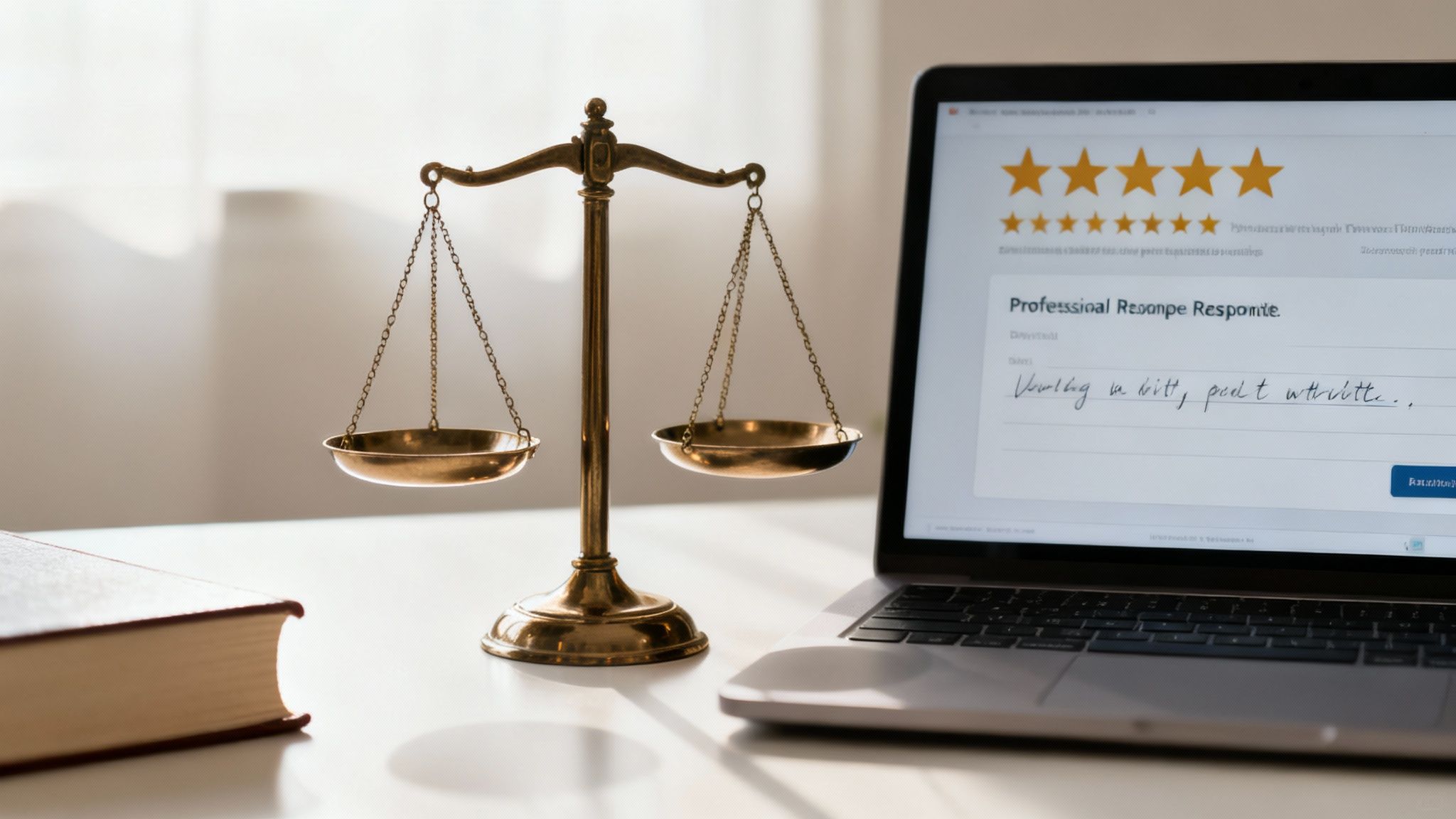 A brass scale of justice, a law book, and a laptop displaying five-star reviews for legal services.