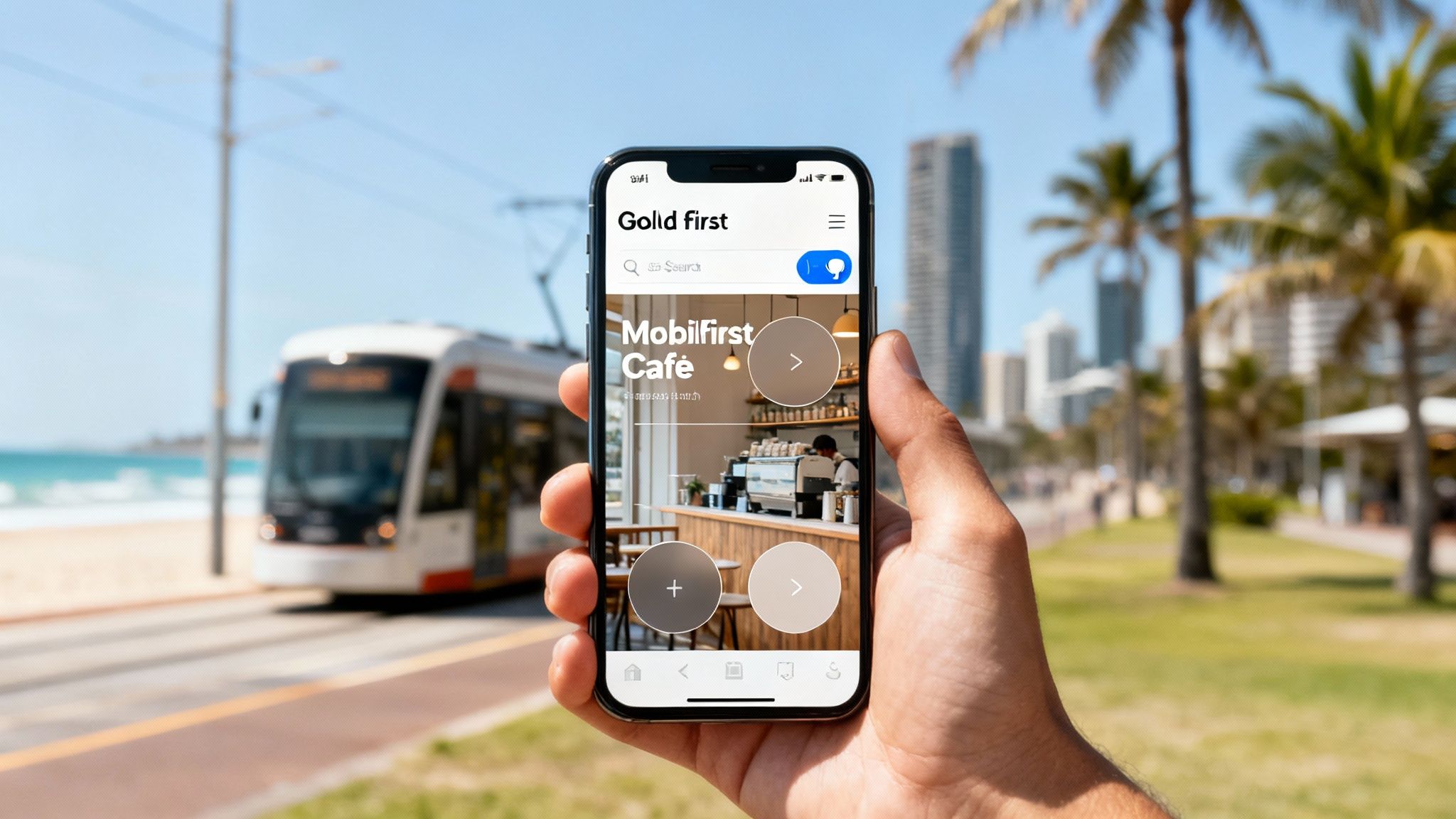 A smartphone displaying a sleek, mobile-friendly website with a Gold Coast beach scene in the background.