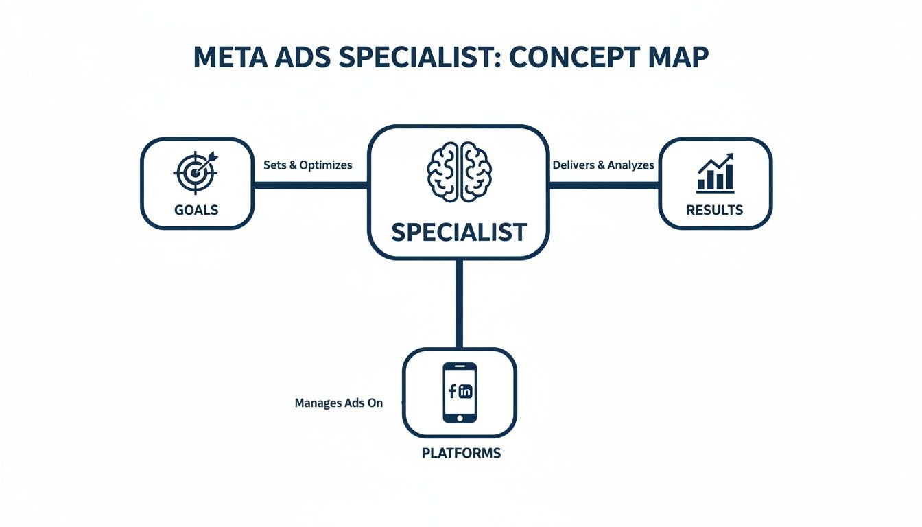 A concept map detailing the role of a Meta Ads Specialist, showing goals, results, and platforms.