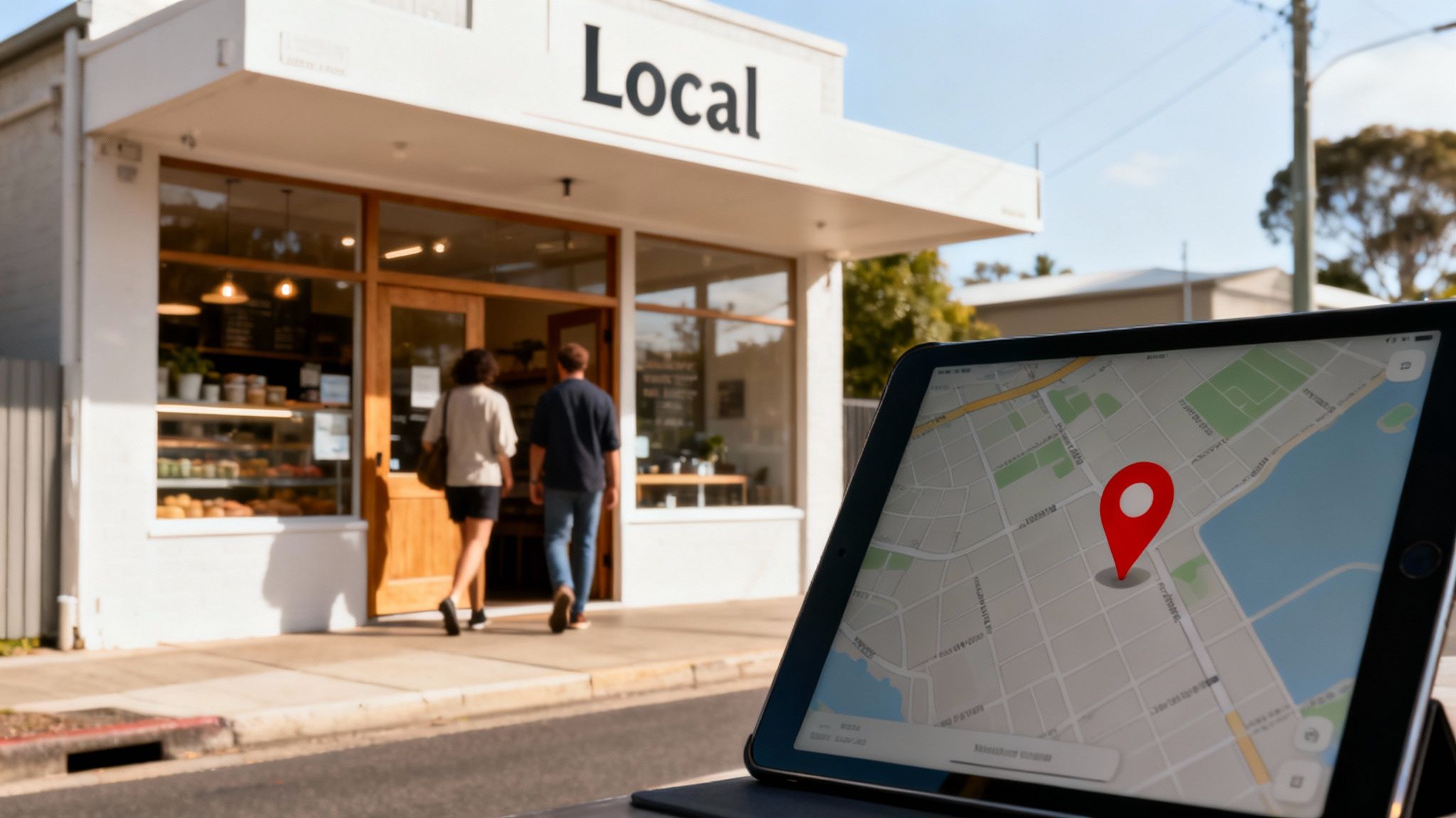 A tablet displays a map with a location pin in front of a small cafe named 'Local' where two people are entering.