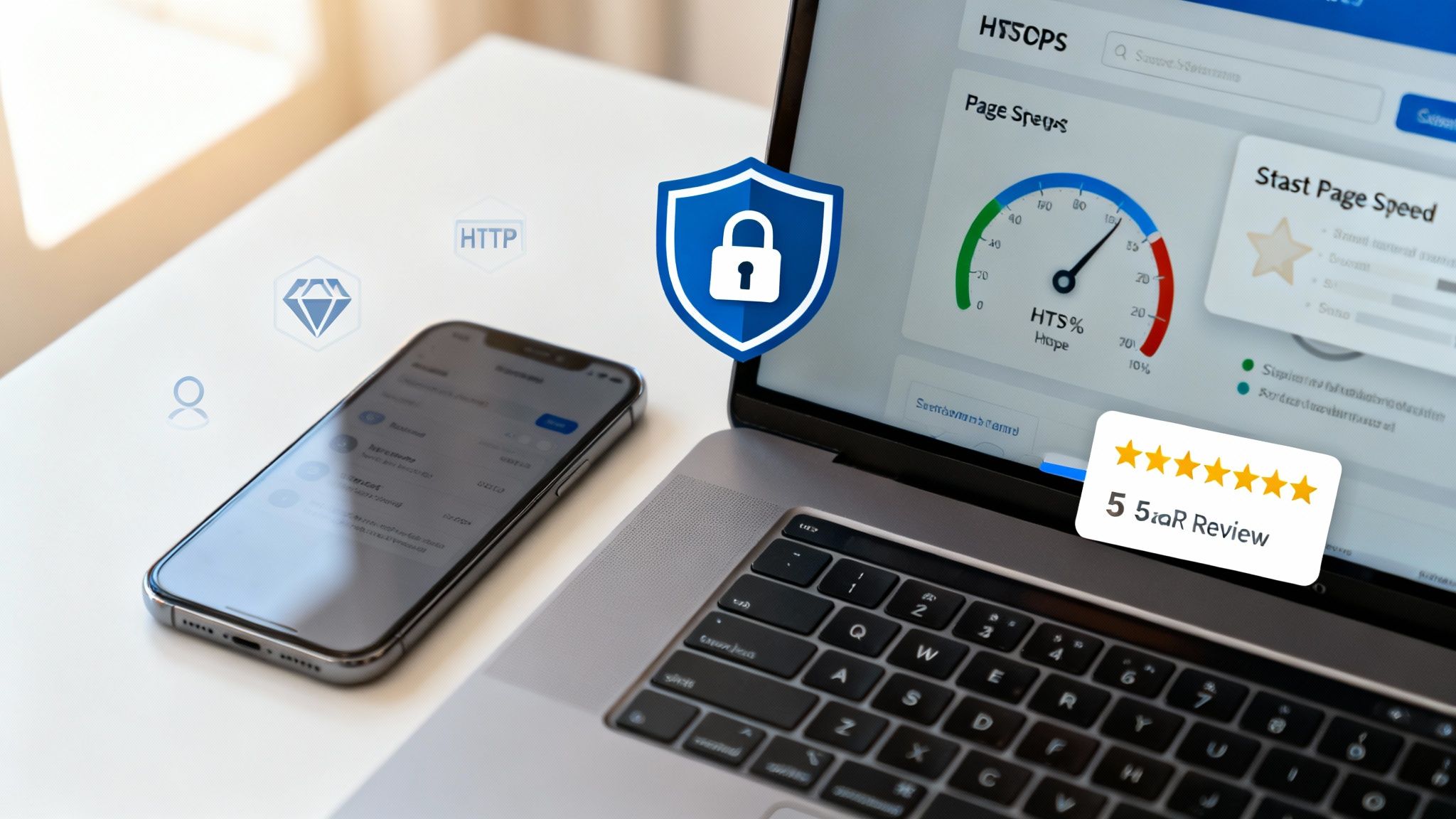 Laptop displays web performance metrics, 5-star review, smartphone, and security icons on a desk.