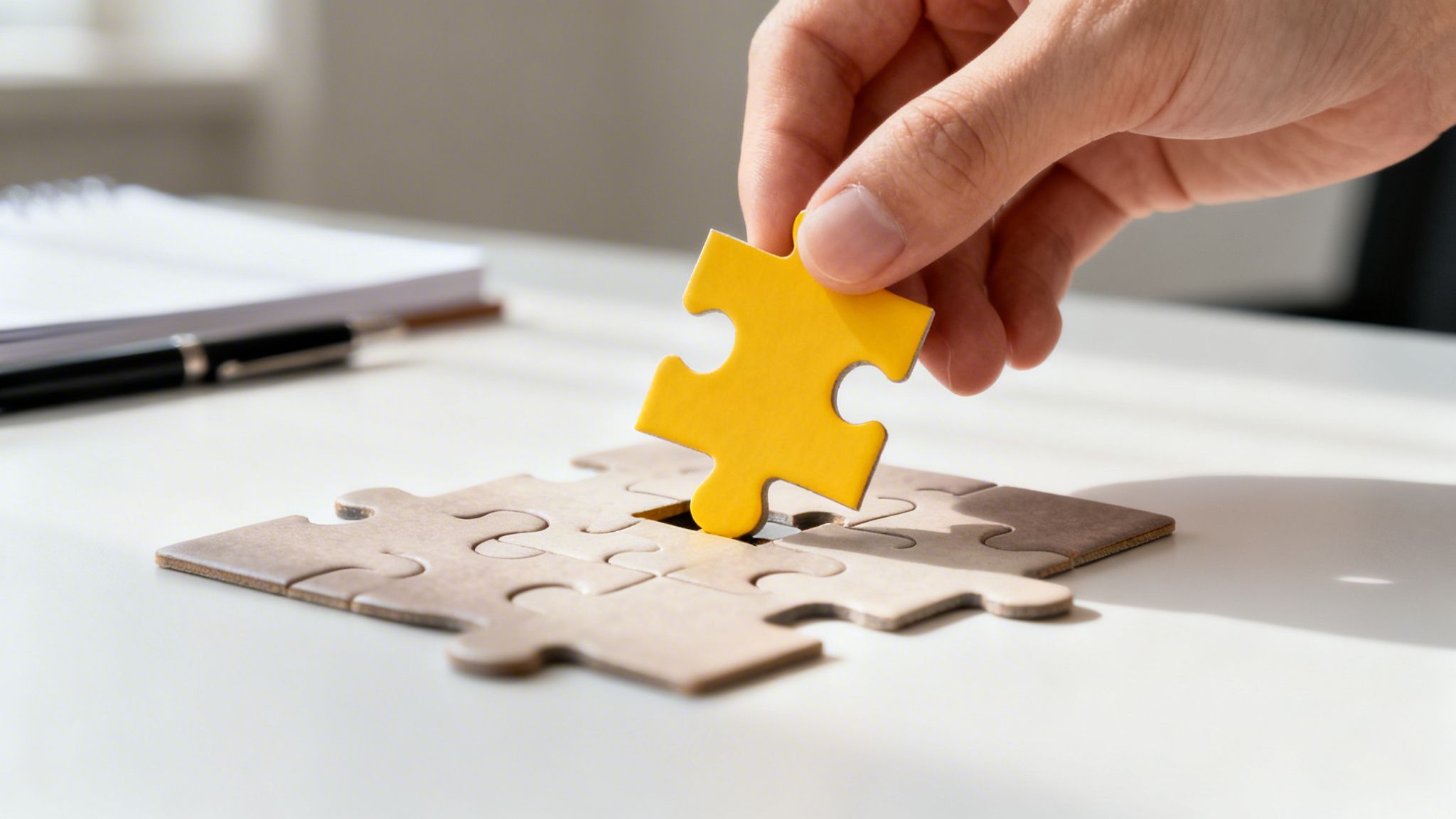 A hand places a bright yellow puzzle piece into an incomplete brown puzzle on a white table.