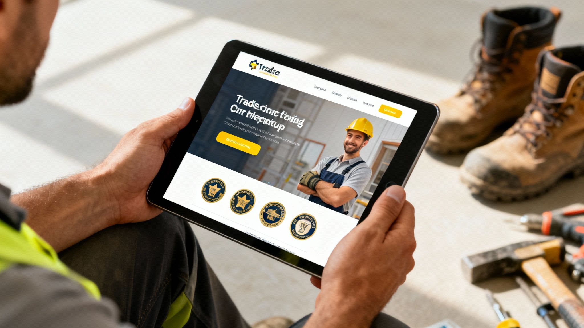 A tradie in workwear holds a tablet displaying a 'Tradlee' website for trades training, with work boots and tools in the background.