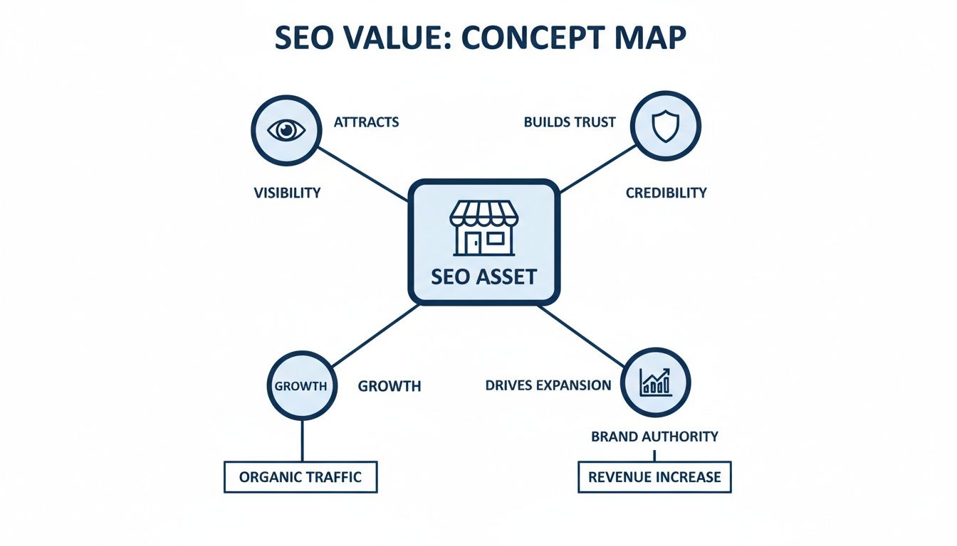 Concept map illustrating SEO asset value, showing benefits like visibility, credibility, growth, and brand authority.