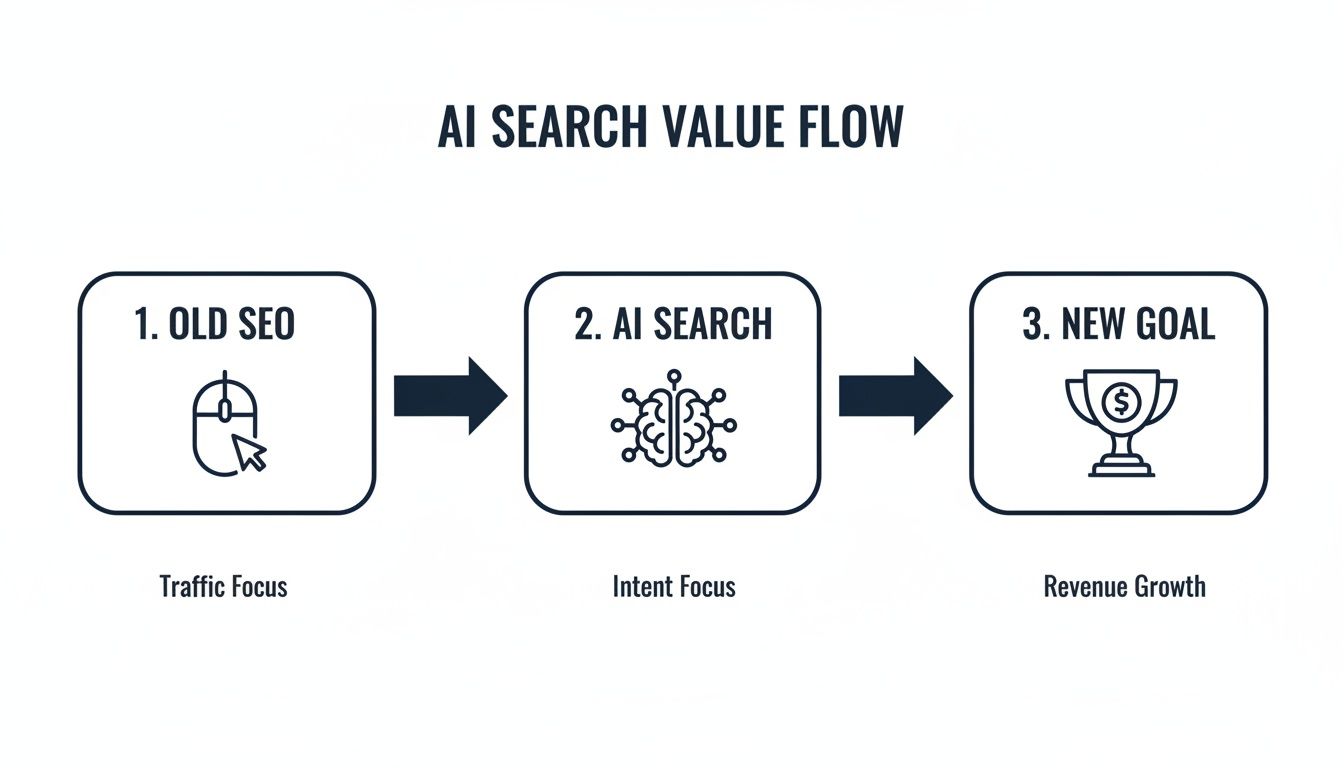 Flowchart illustrating the AI Search Value Flow, from old SEO traffic focus to AI search intent focus, driving revenue growth.