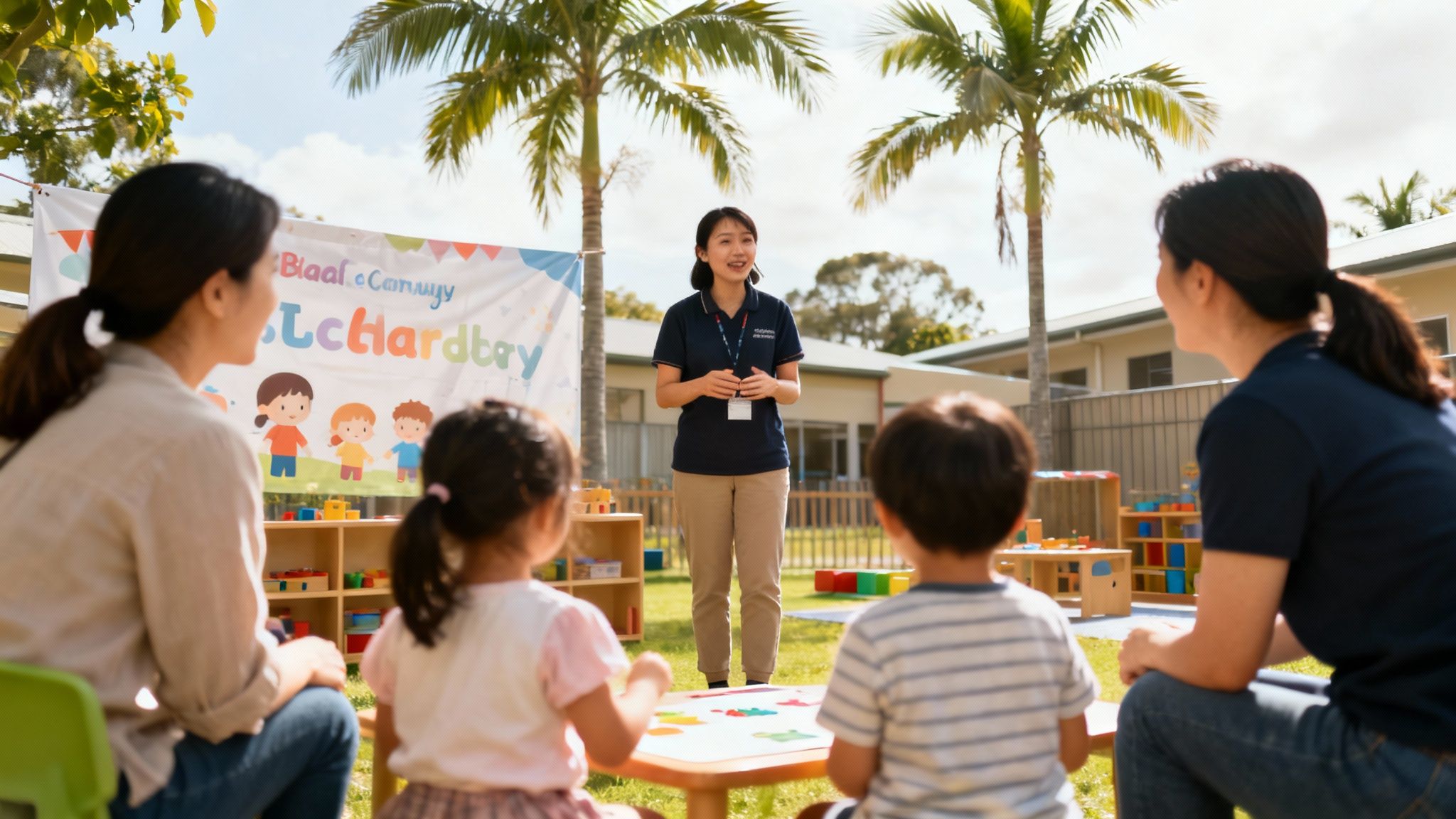 Children and an educator sitting in a circle on the grass, engaged in a group activity.