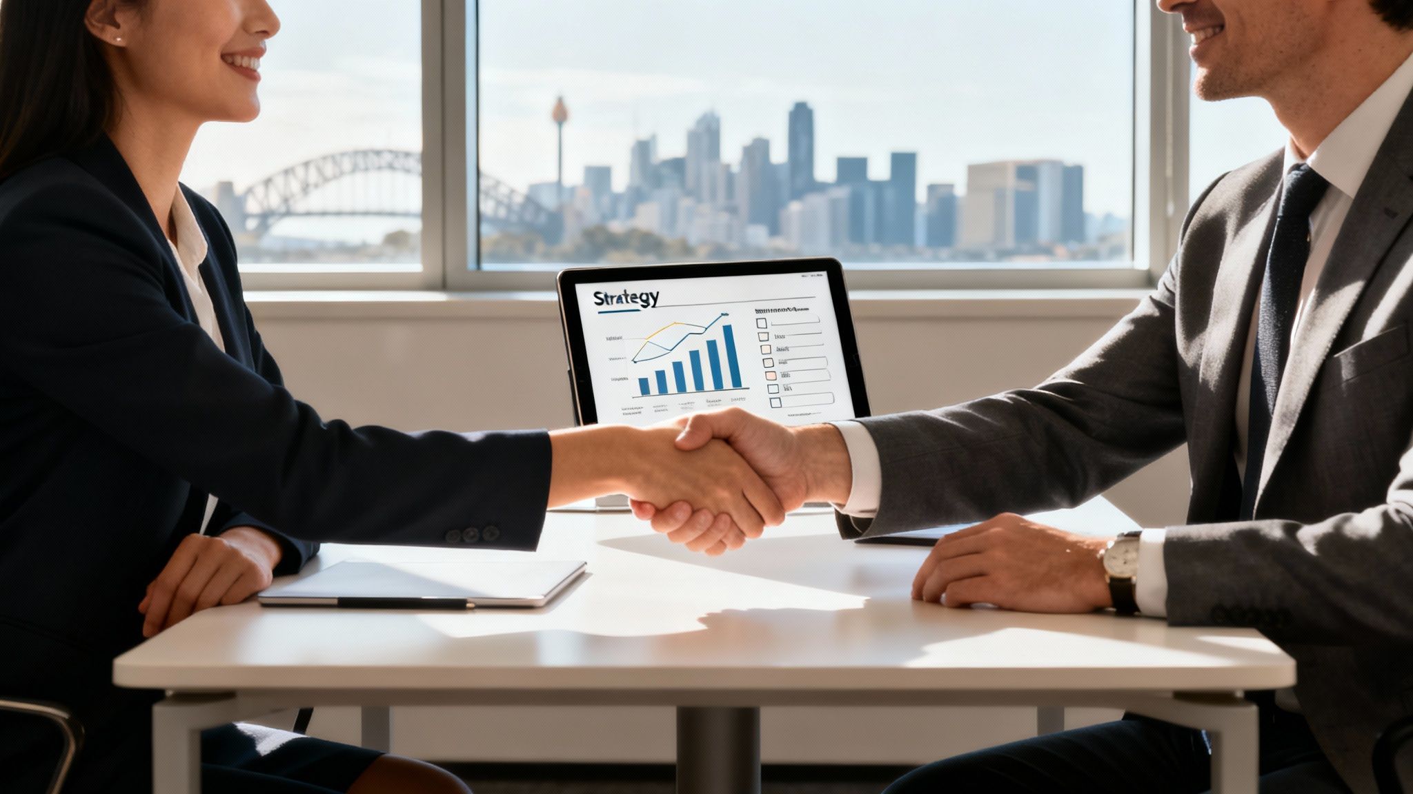 Smiling business professionals shake hands during a meeting, a tablet with a strategy chart between them.