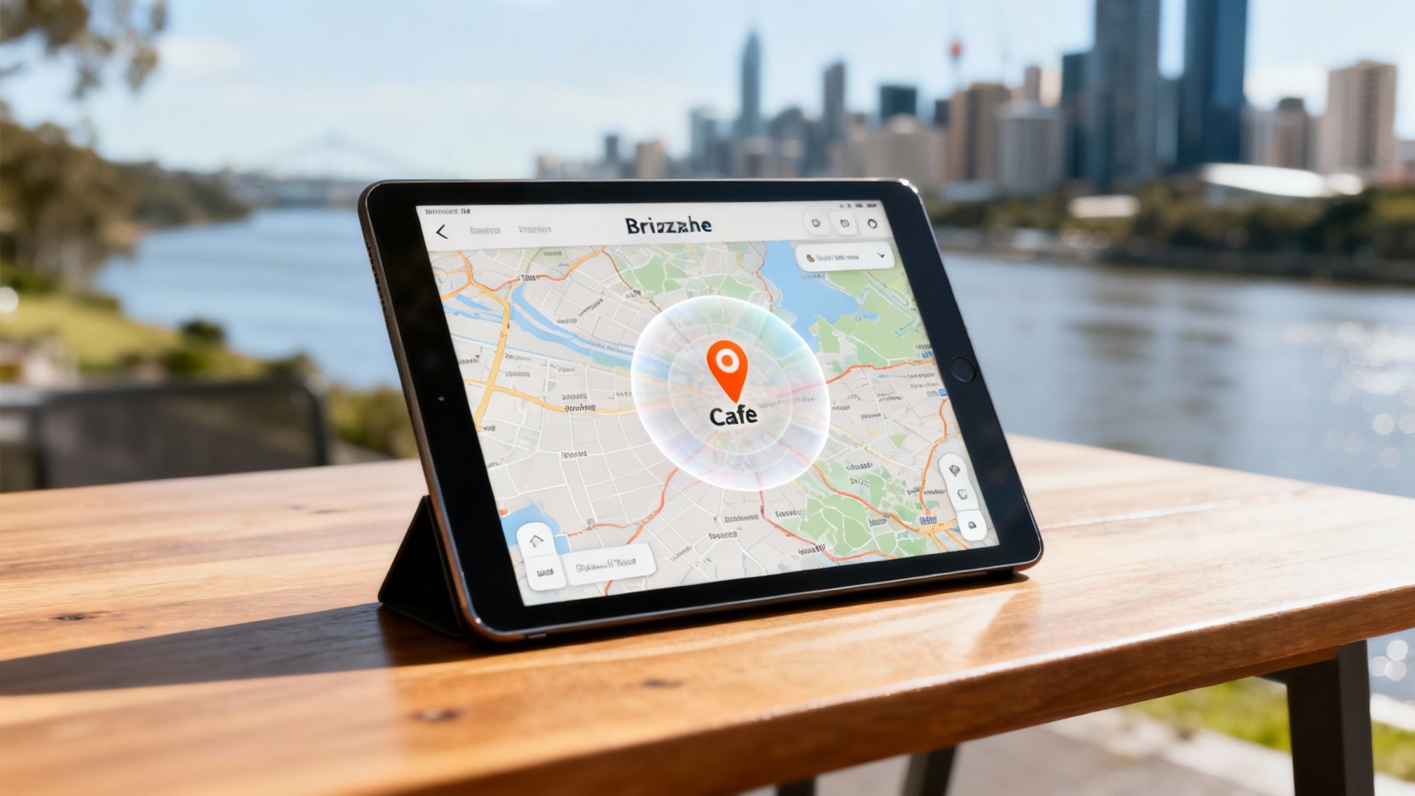 A tablet on a wooden table displays a map application showing a cafe location in a city.