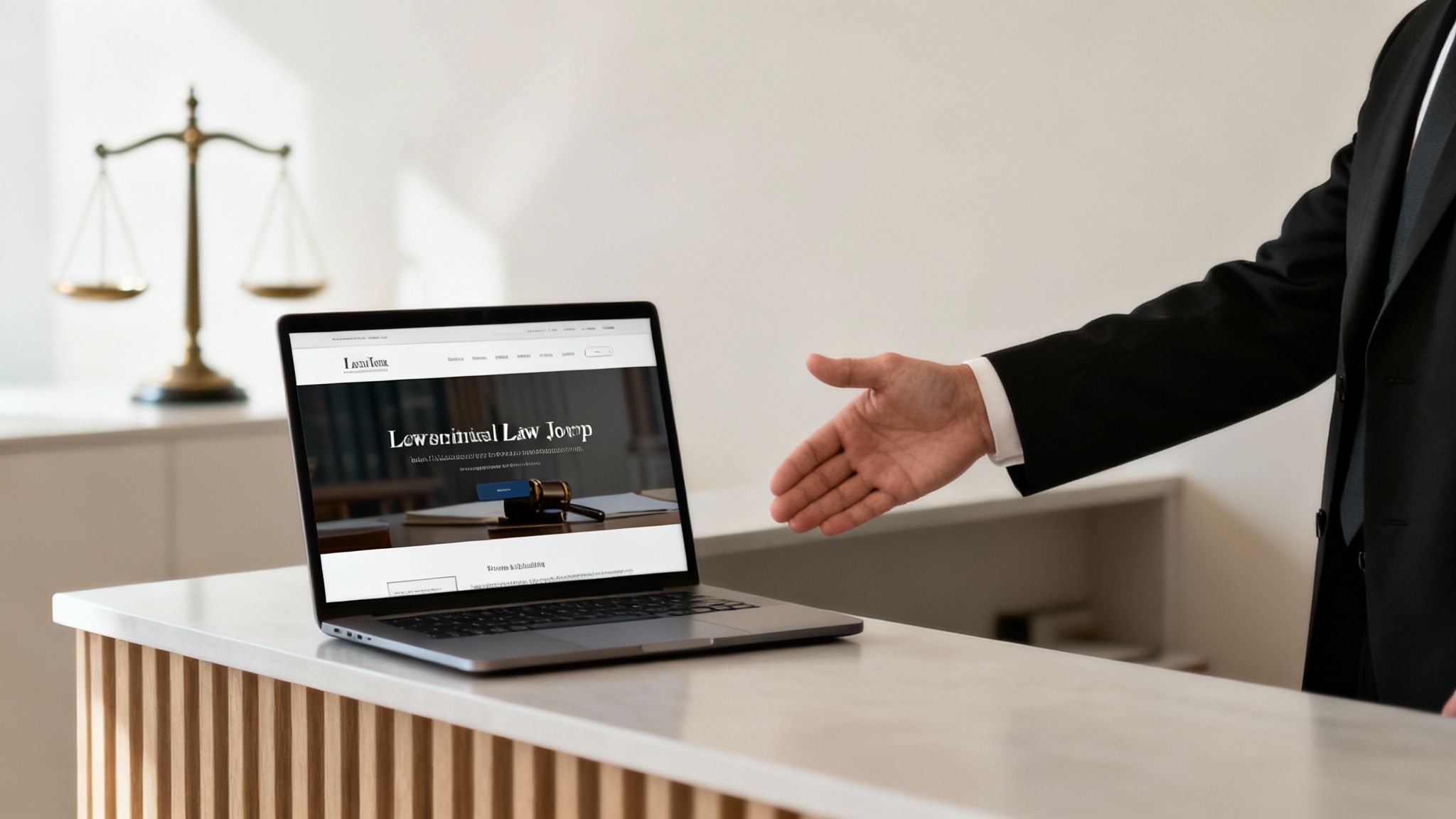 A businessman extends a hand over a counter with a laptop displaying a legal firm website and scales of justice.
