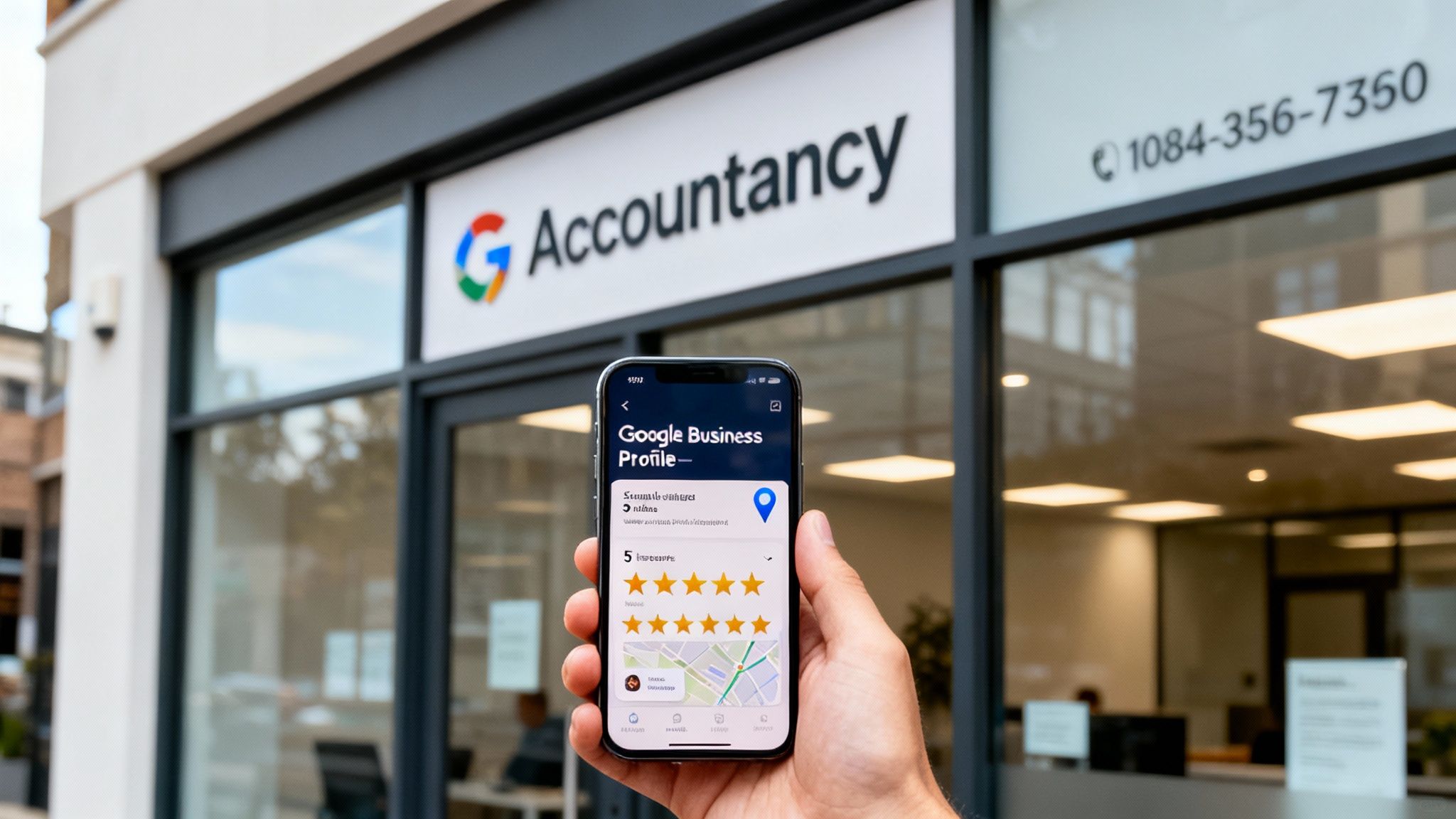 A hand holds a smartphone displaying a Google Business Profile with 5-star reviews in front of an 'Accountancy' building.