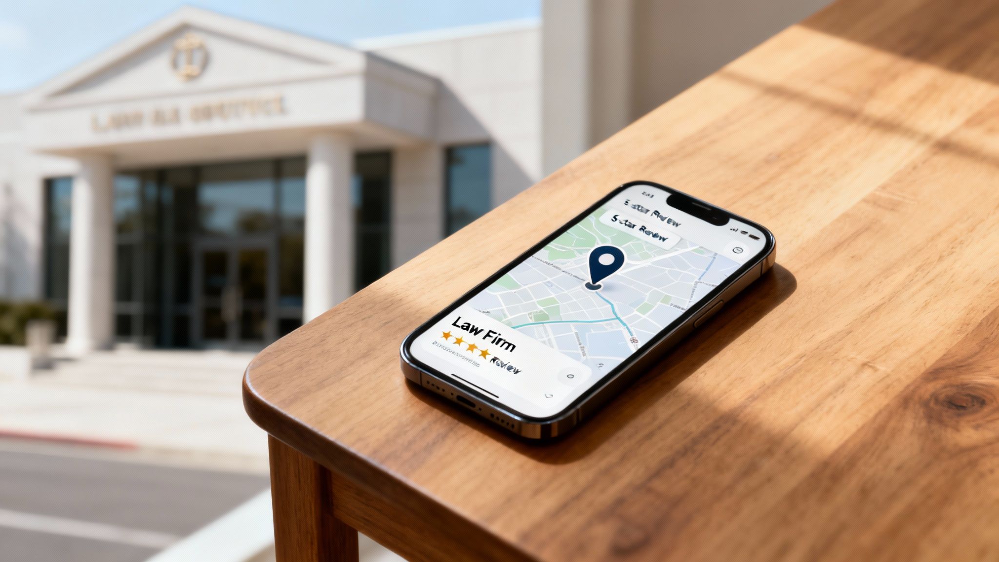 Smartphone showing a law firm on a map app with a 5-star review, in front of a law building.
