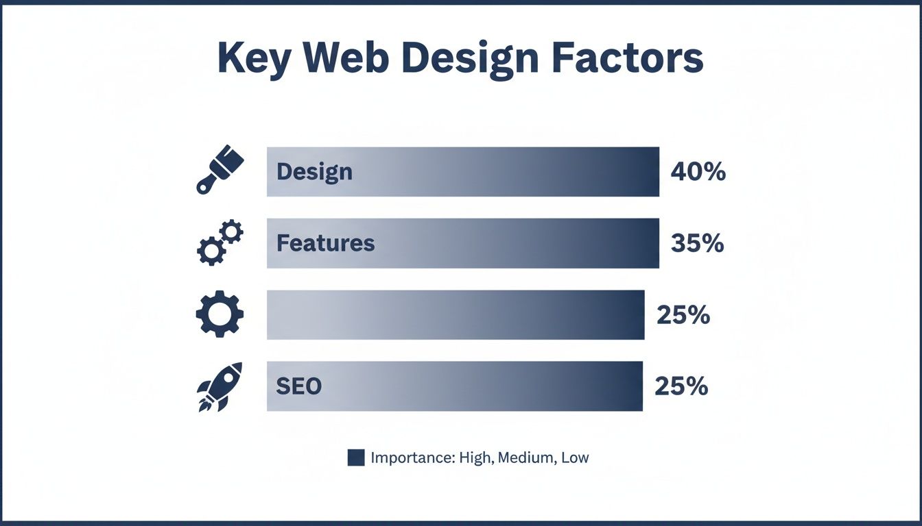 Bar chart showing key web design factors and their importance percentages.