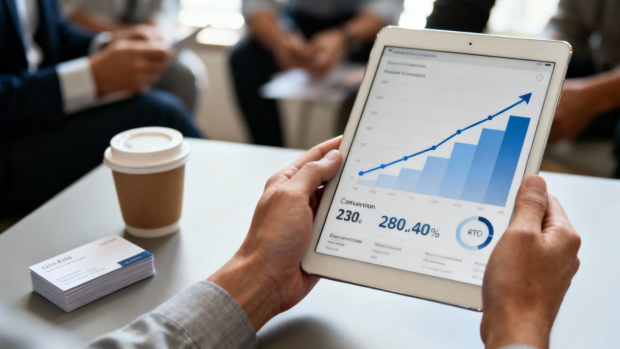 A person holds a tablet displaying a bar graph and line chart with an upward trend, indicating business growth and data analysis.