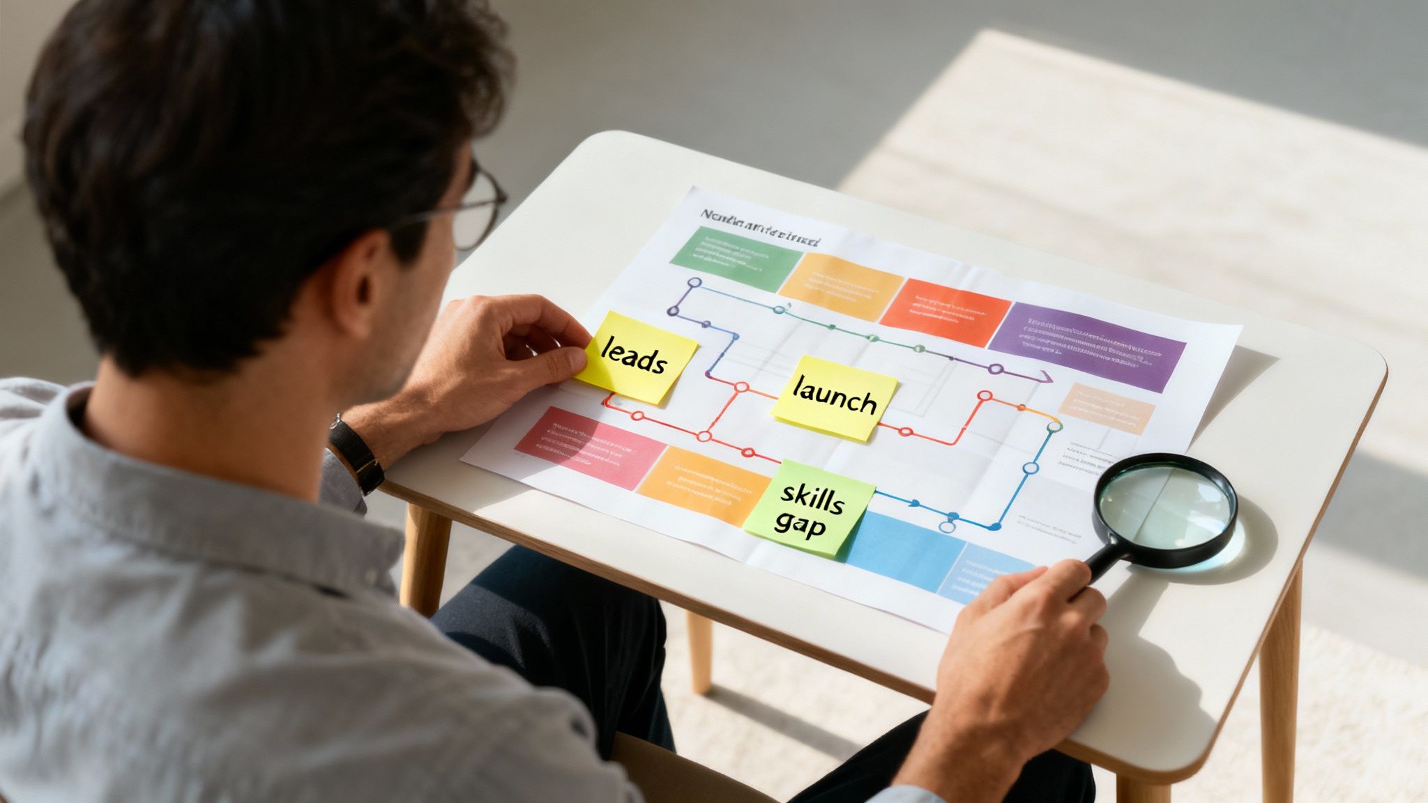 Person analyzing a digital marketing strategy flow chart with sticky notes like 'leads' and 'launch'.
