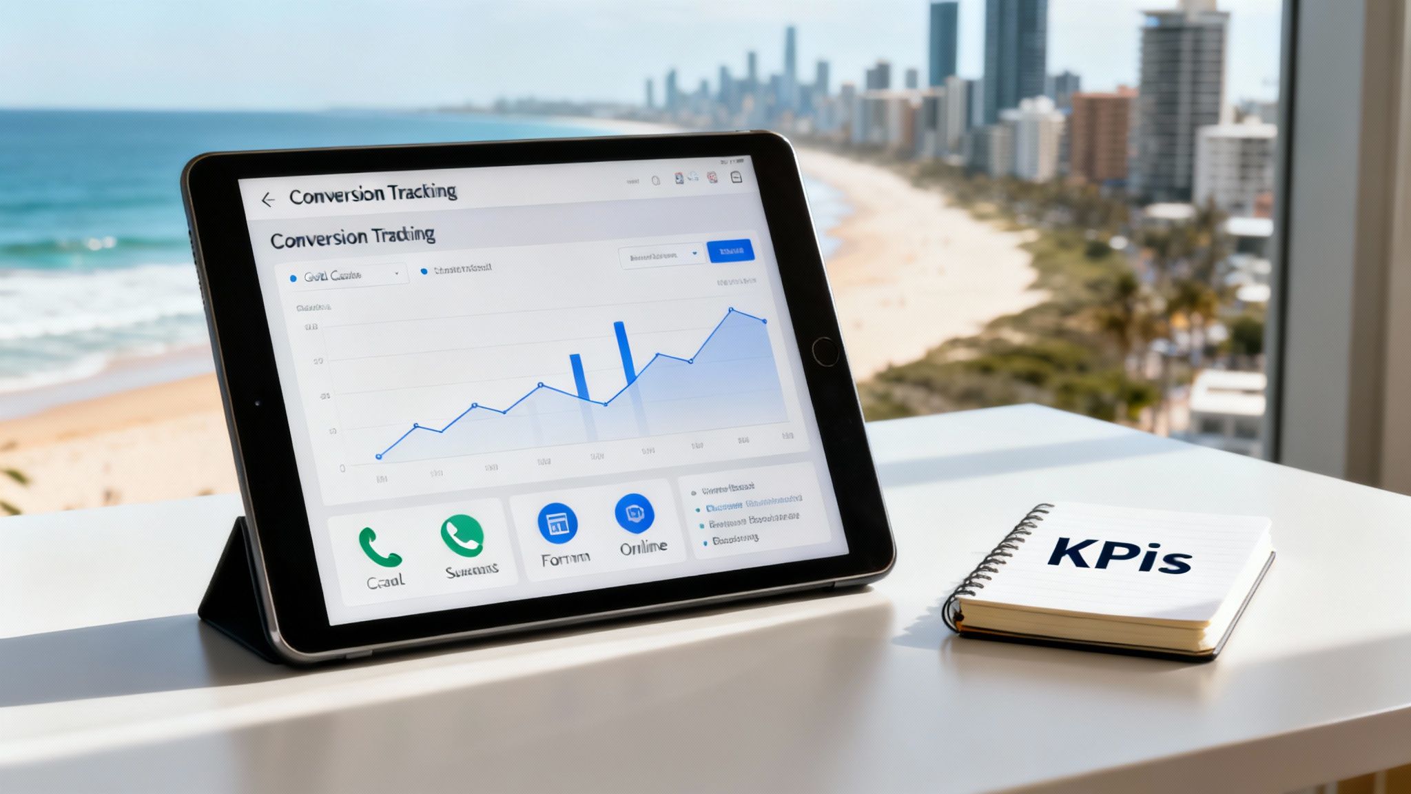 Tablet displaying conversion tracking data and a graph, with a KPIs notebook, overlooking a beach and city.