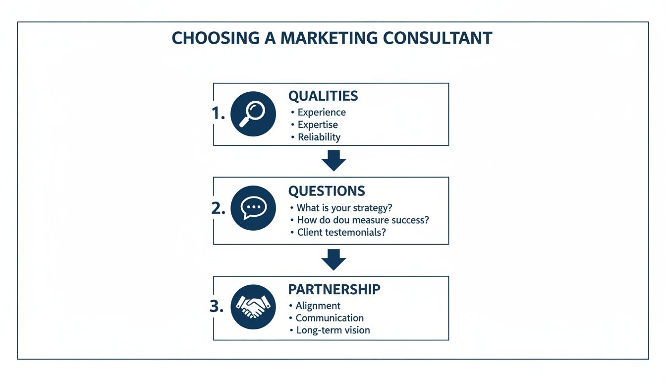 A flowchart outlining three key steps to consider when choosing a marketing consultant.