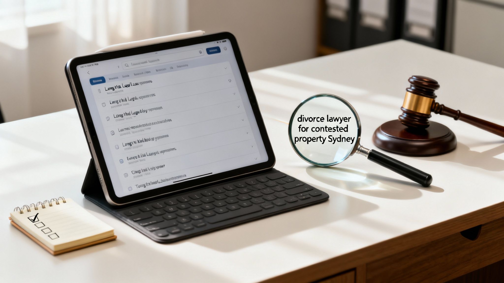 A desk setup featuring a tablet with legal documents, a magnifying glass highlighting 'divorce lawyer for contested property Sydney', and a gavel.