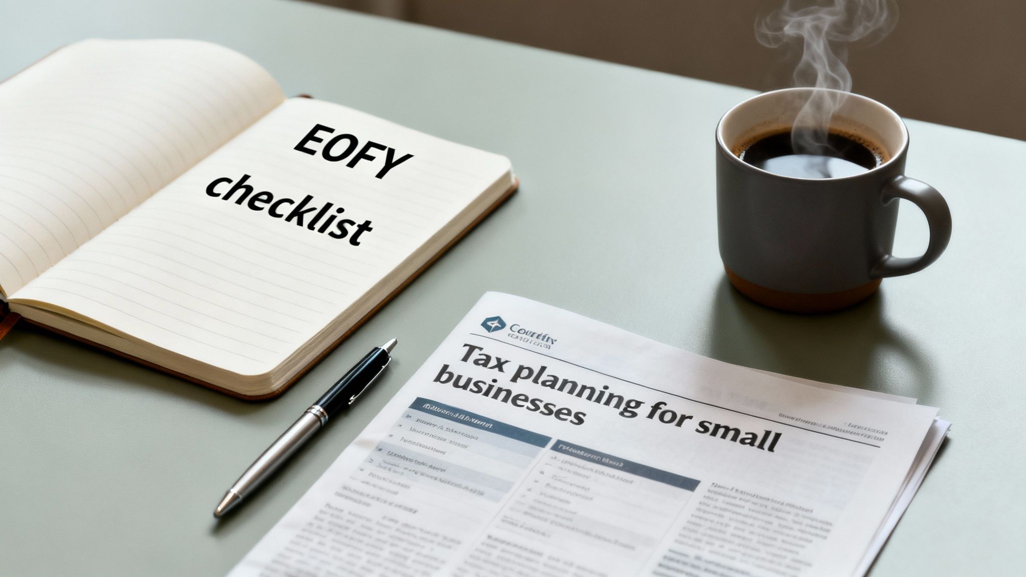 A desk with an 'EOFY checklist' notebook, a 'Tax planning' newspaper, a pen, and a steaming coffee mug.