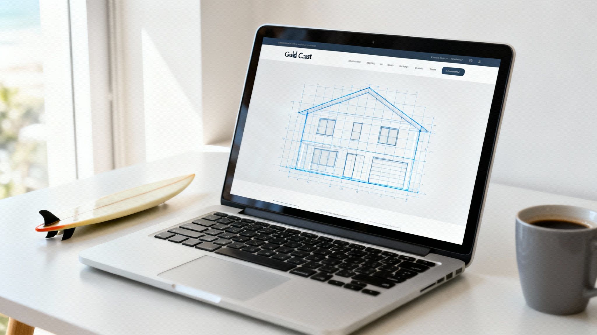 A laptop on a white desk displaying a Gold Coast house blueprint, next to a surfboard model and coffee.