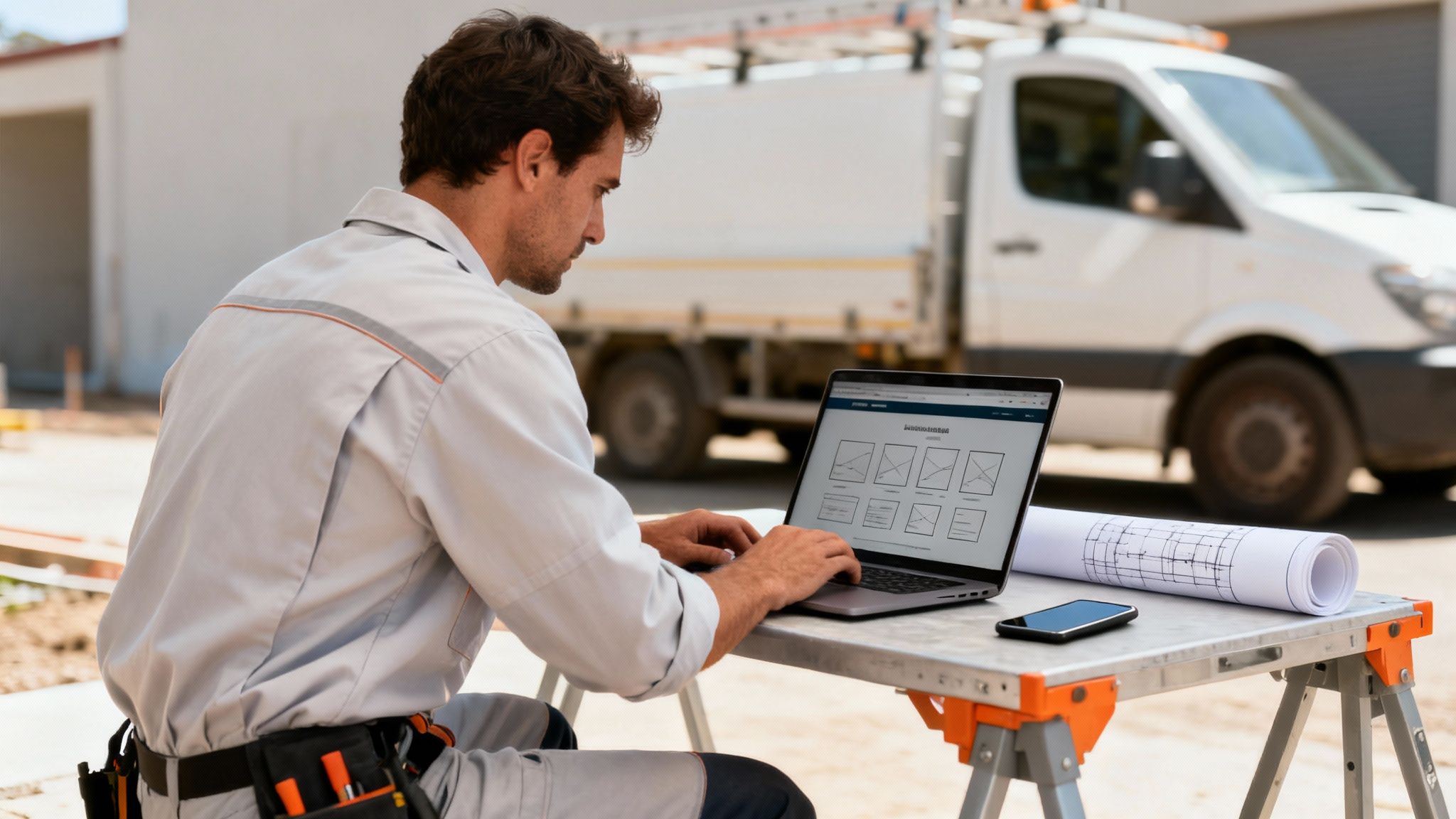 Man in workwear using a laptop with blueprints and a phone at a construction site.