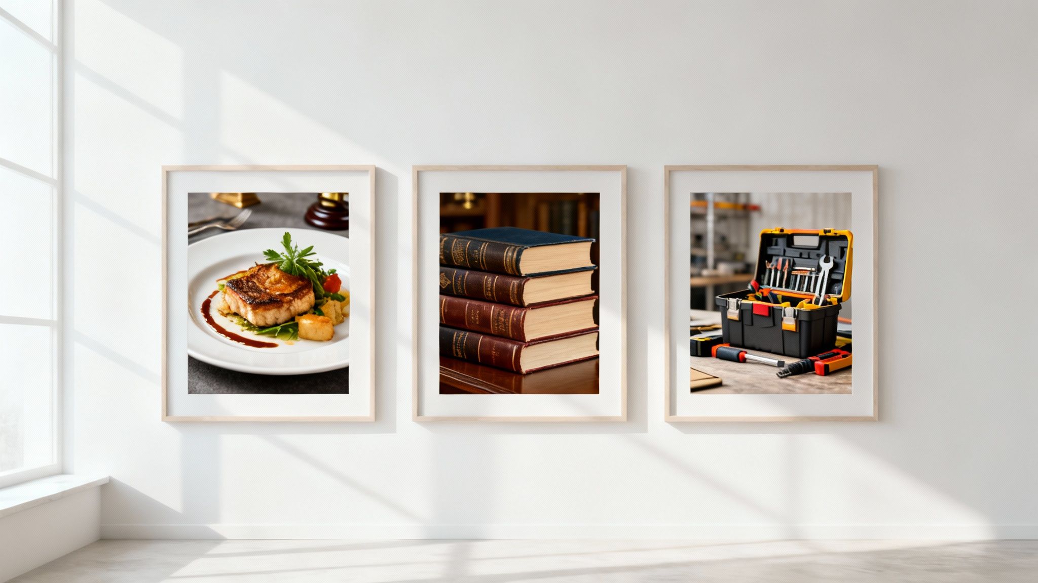 Three framed pictures on a white wall depict a gourmet dish, a stack of old books, and a toolbox.