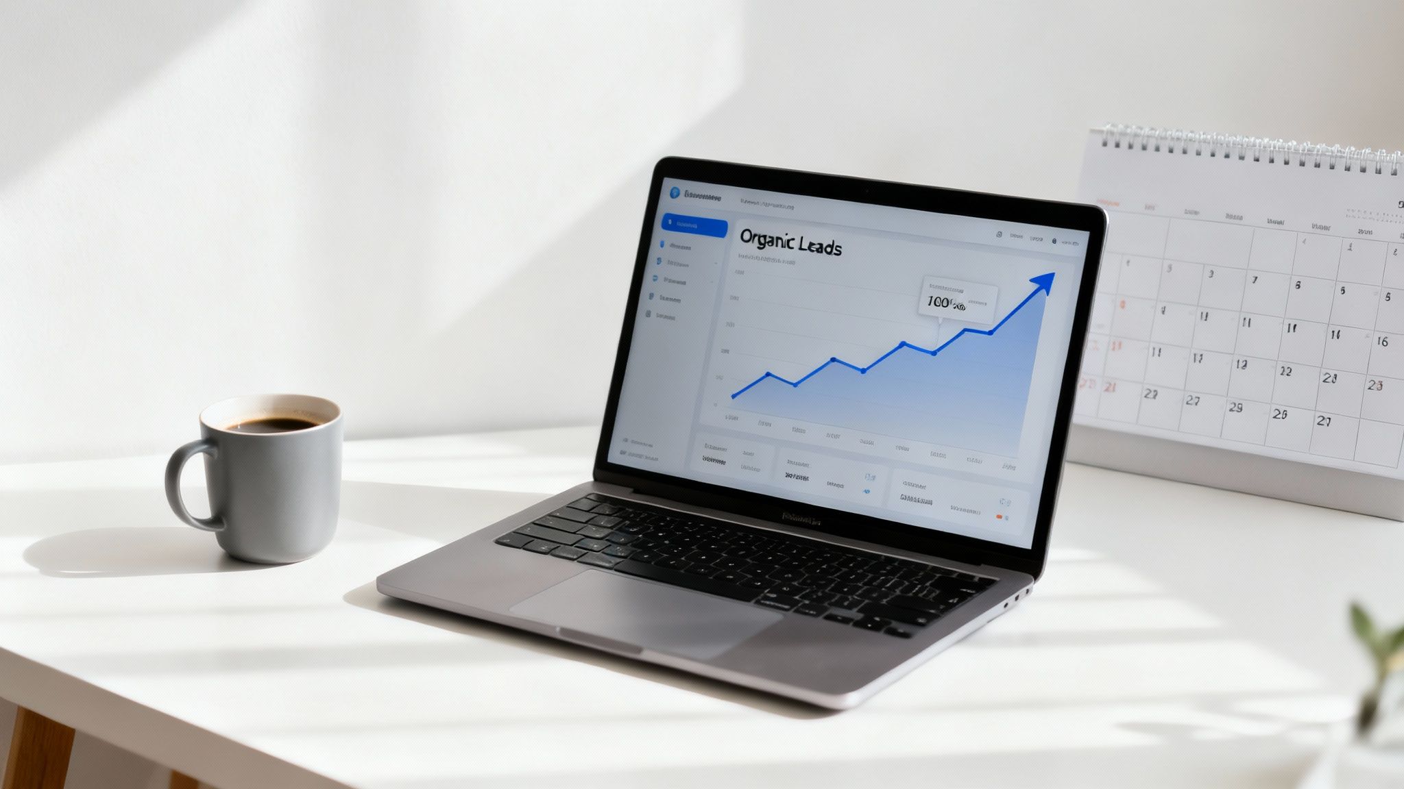 A laptop showing an "Organic Leads" growth chart, with a coffee mug and calendar on a white desk.