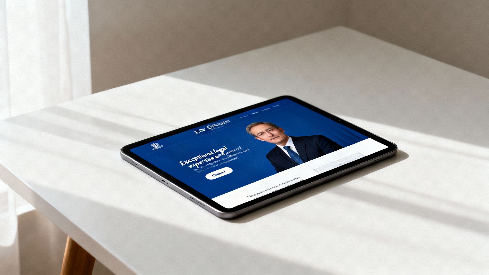 An iPad displays a law firm website with a lawyer's photo and legal services on a white table.
