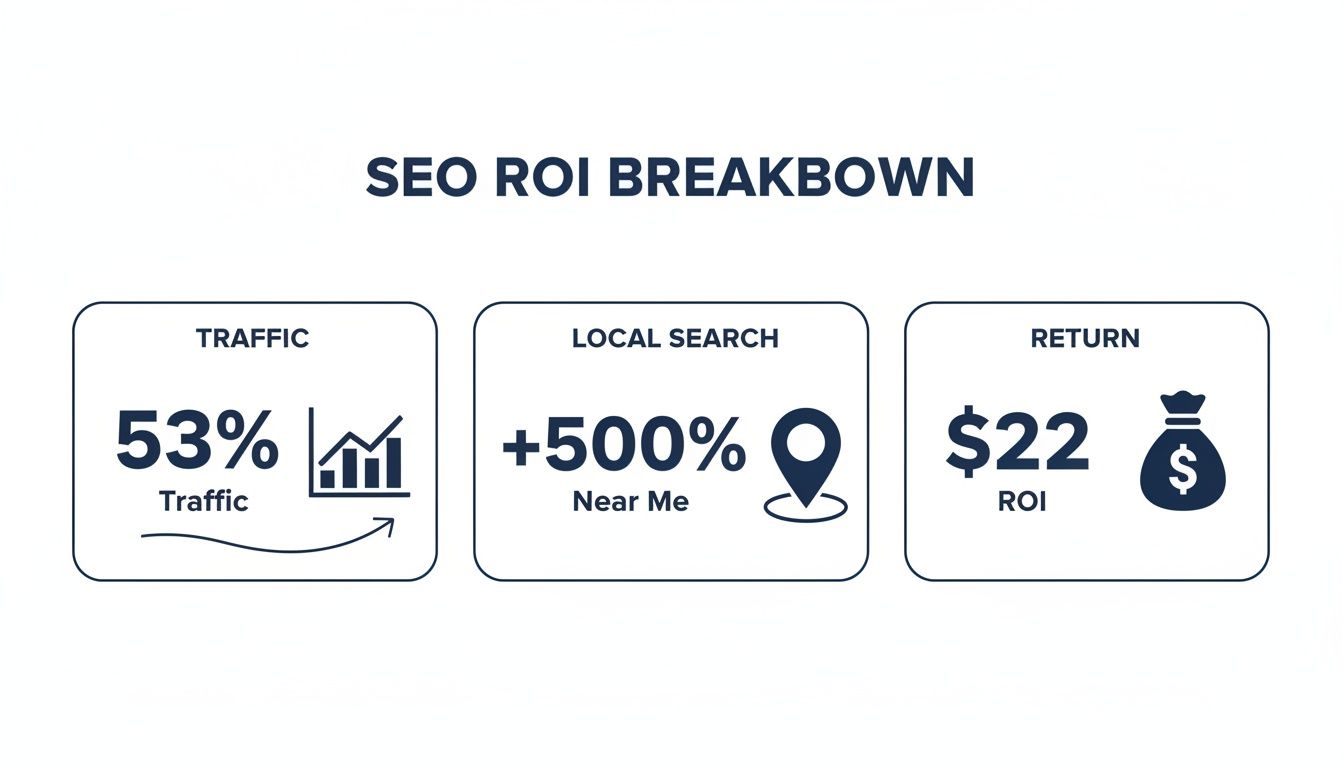 Infographic detailing SEO return on investment with 53% traffic increase, 500% local search growth, and $22 ROI.