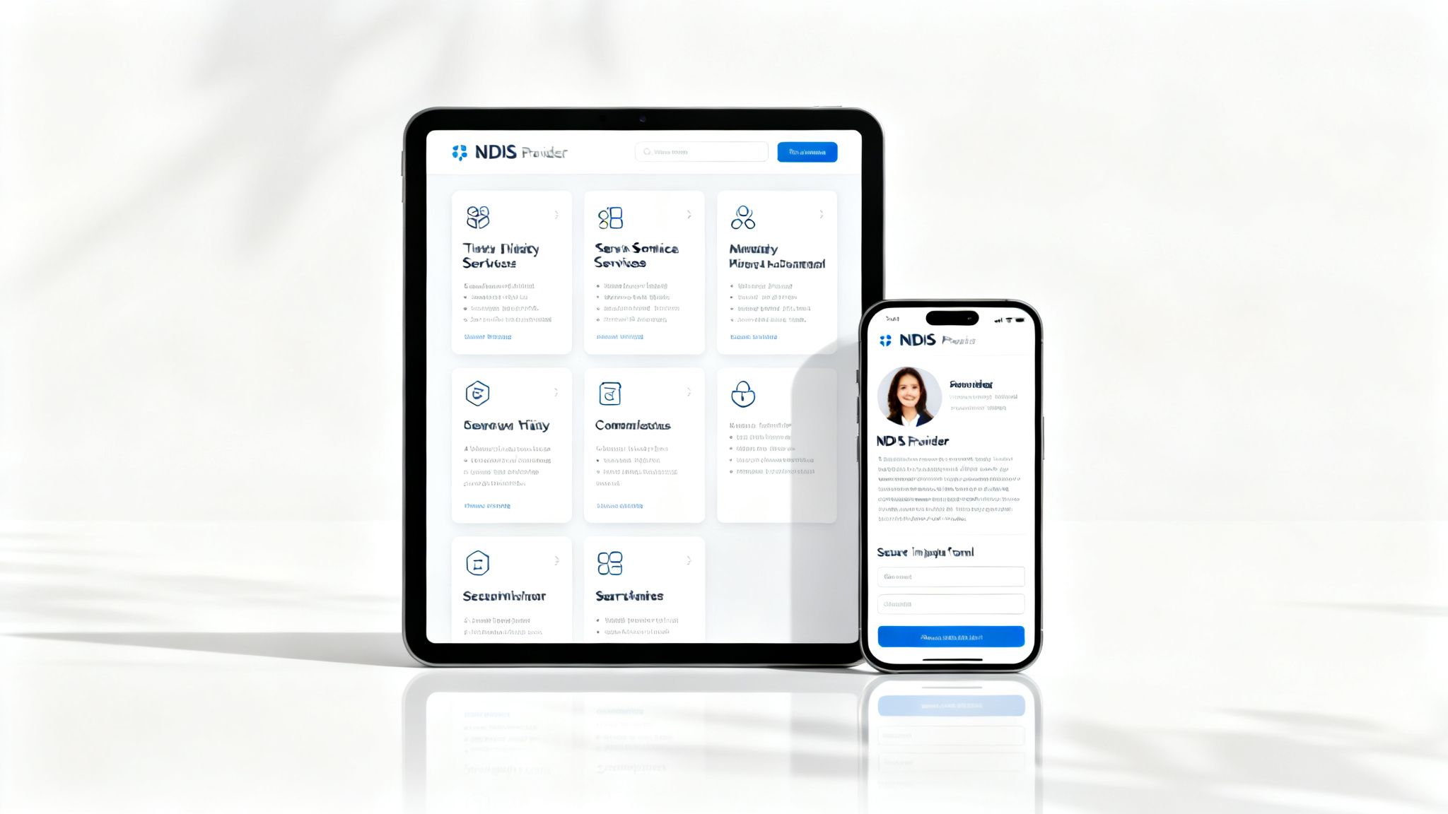 NDIS Provider website displayed on a tablet and smartphone, showing various service categories and a user profile.
