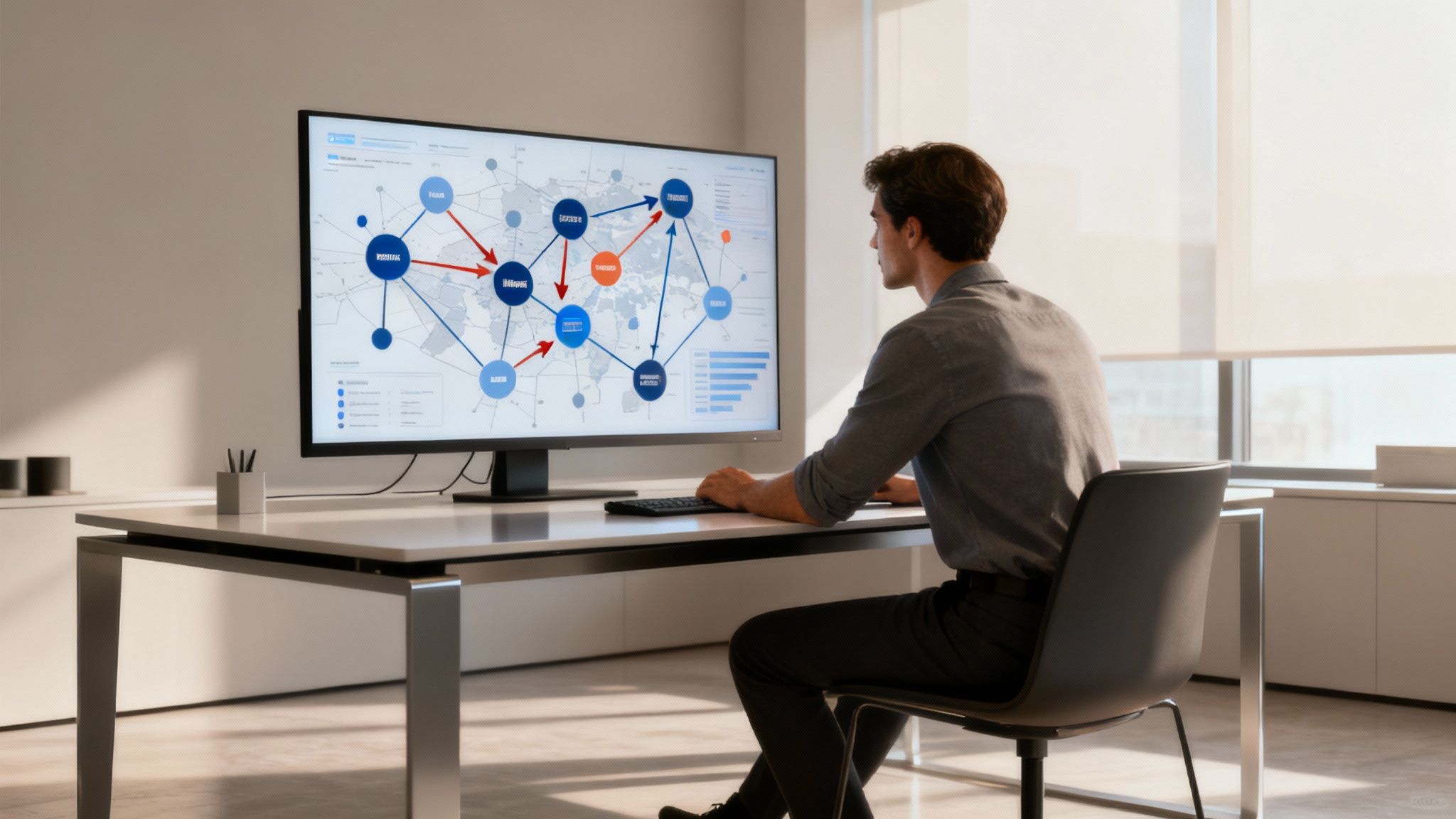 A person working on a laptop with charts and graphs in the background, representing competitive analysis.