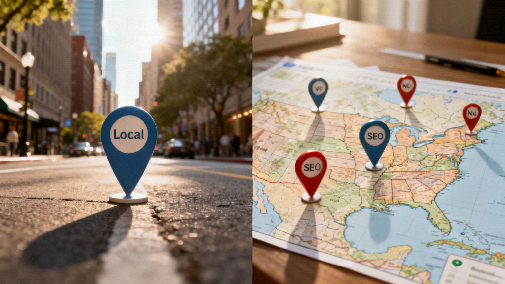 A map of Australia with pins in major cities, contrasting with a single pin in one city to show the difference between national and local reach.