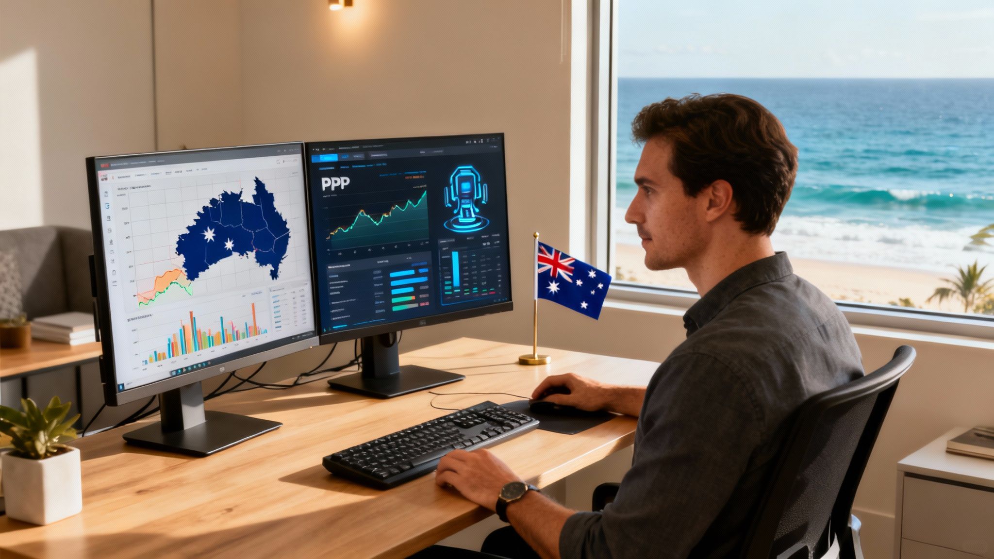 Man analyzes Australian market data on dual monitors with a beautiful ocean view.