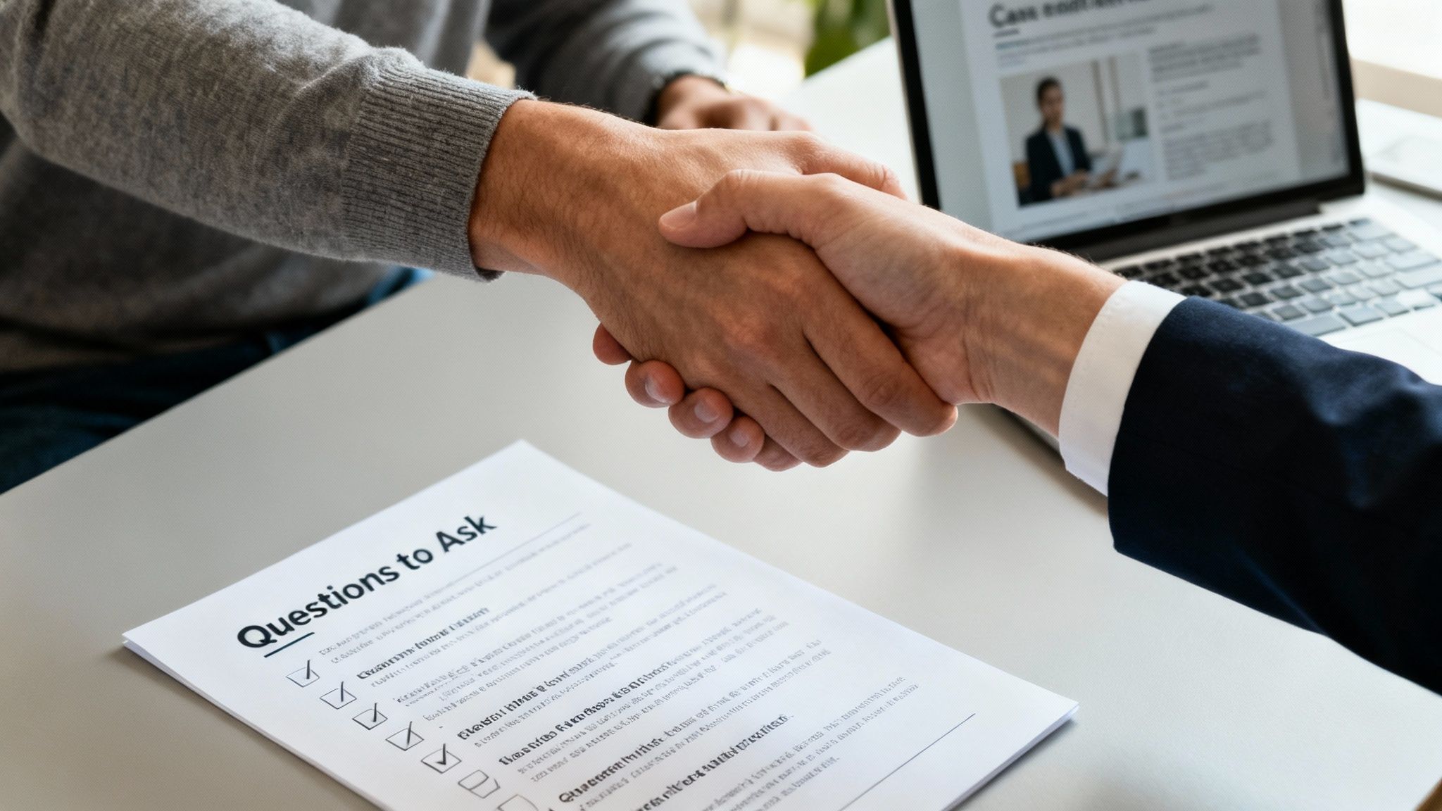 Two professionals shake hands across a table with a document and laptop, finalizing an agreement.