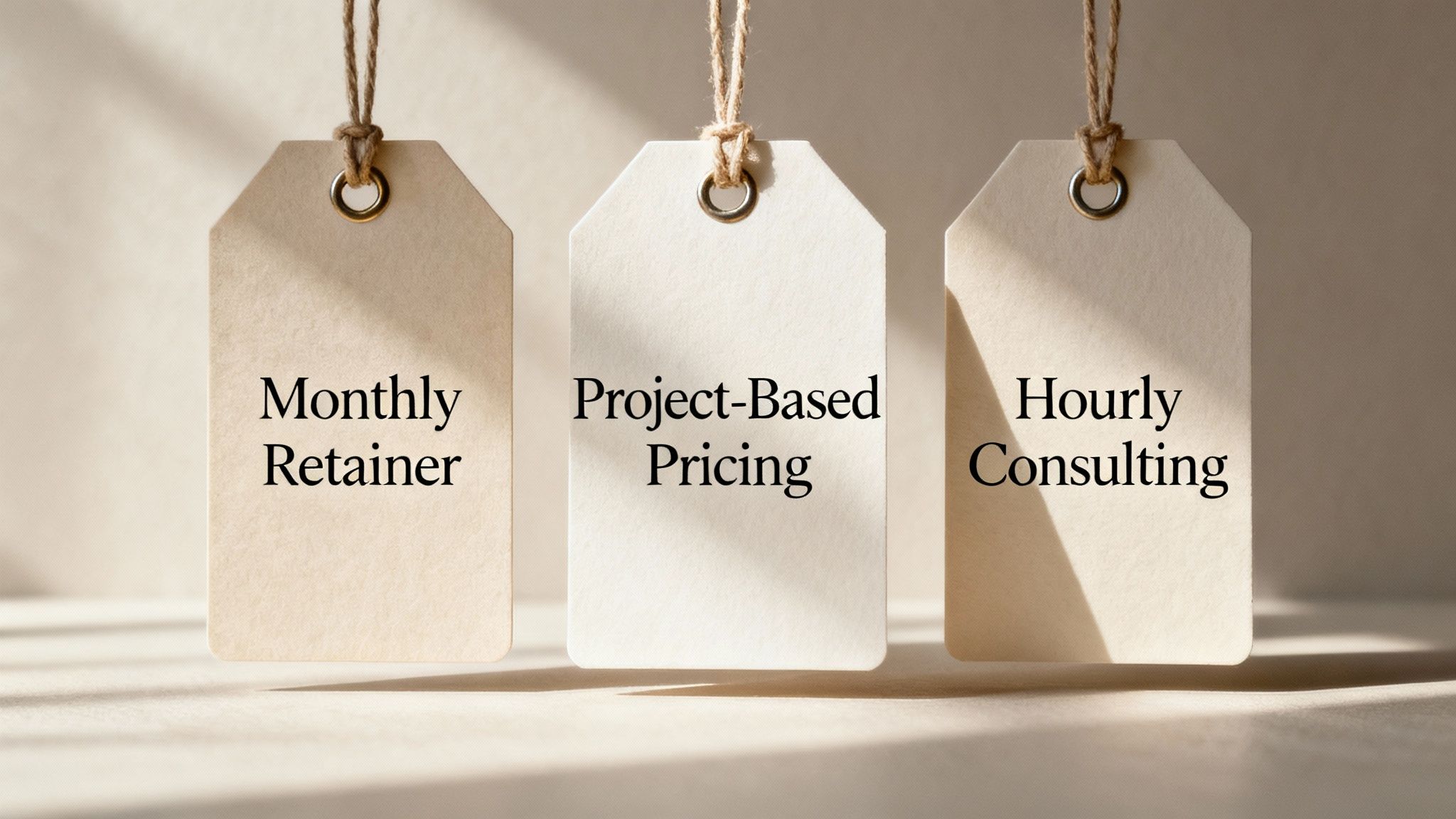 Three overlapping circles representing different SEO pricing models with icons for monthly, project-based, and hourly.