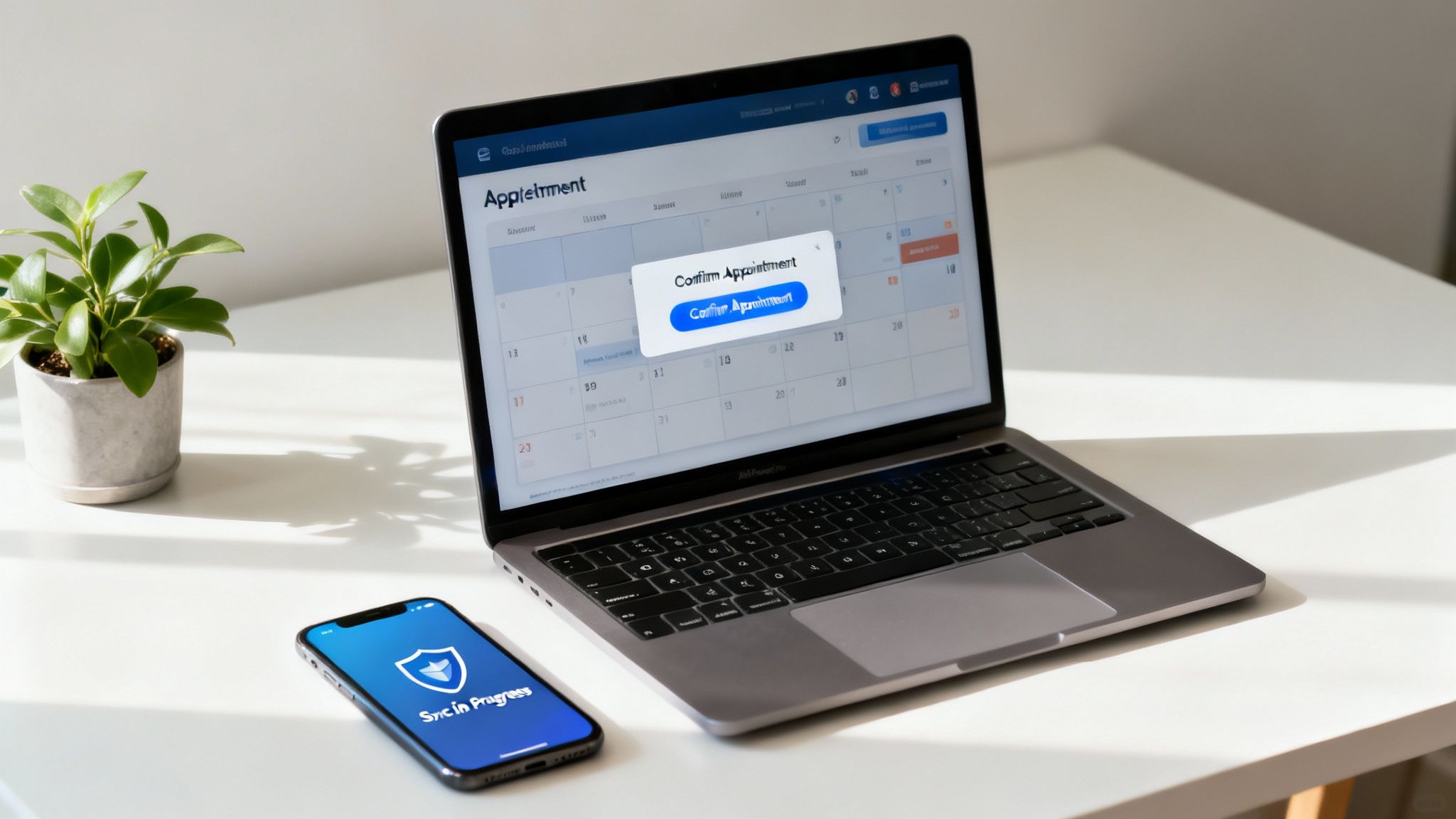 A laptop displays an online appointment calendar with a 'Confirm Appointment' pop-up, next to a smartphone showing 'Sync in Progress' on a white desk.