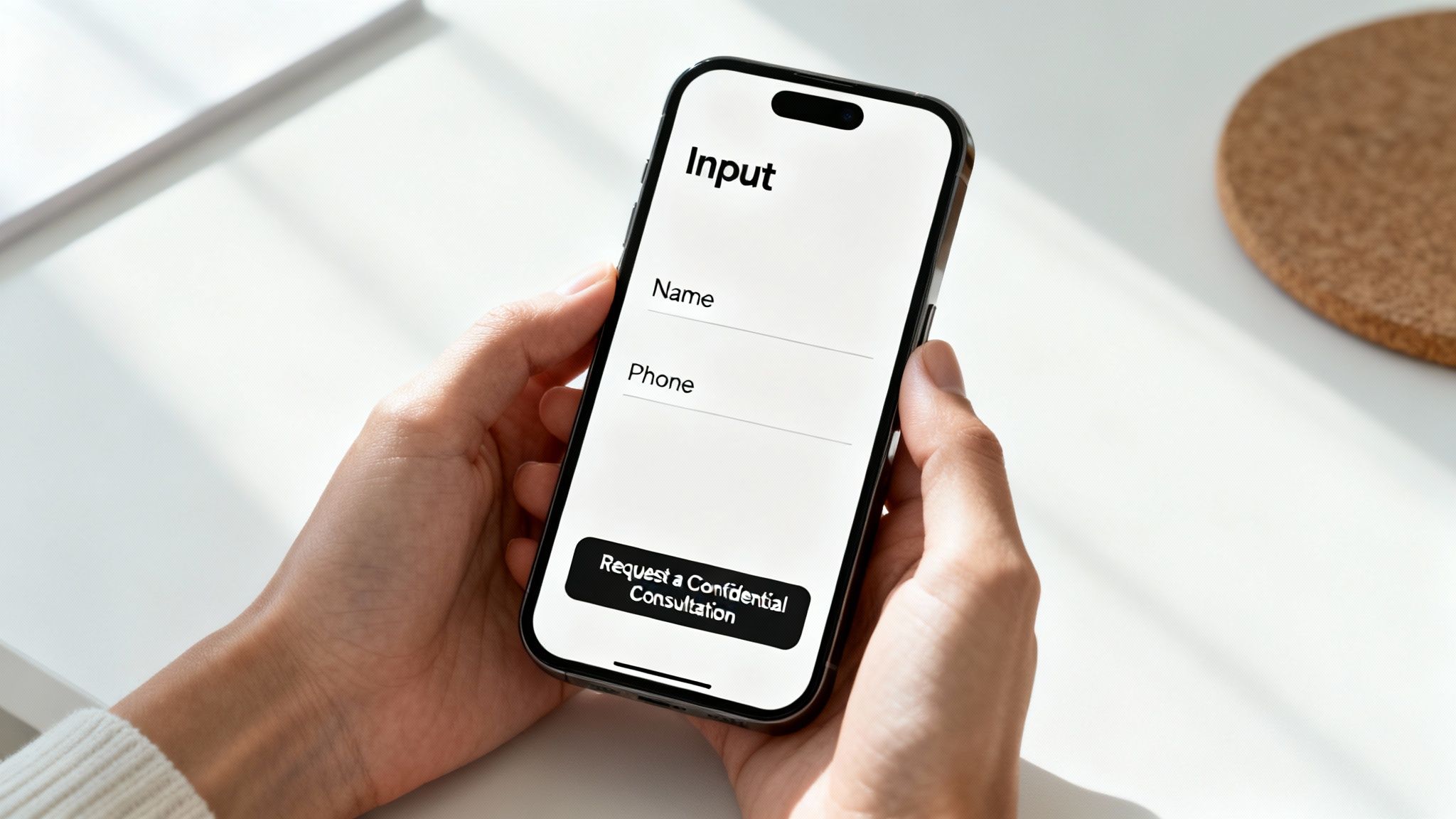 Person holding a smartphone with an input form for name and phone, and a consultation button.