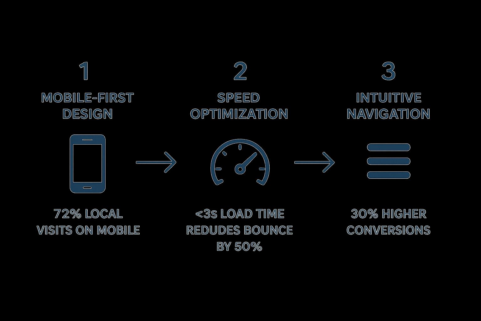 Infographic showing the process flow of web design: Mobile-first design leads to speed optimization, which leads to intuitive navigation, resulting in higher conversions.
