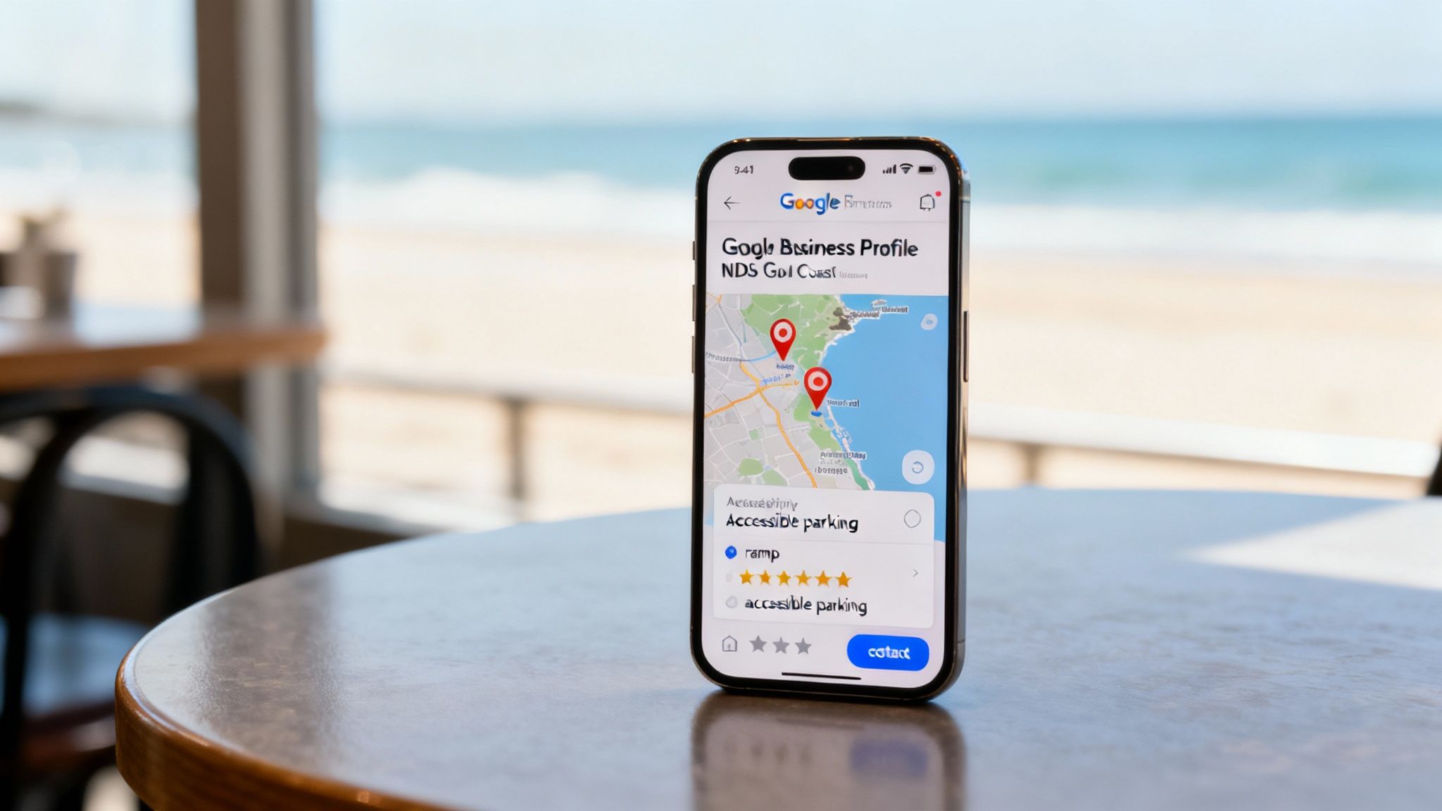 Smartphone showing a Google Business Profile for NDS Gold Coast with accessible parking information against a beach backdrop.