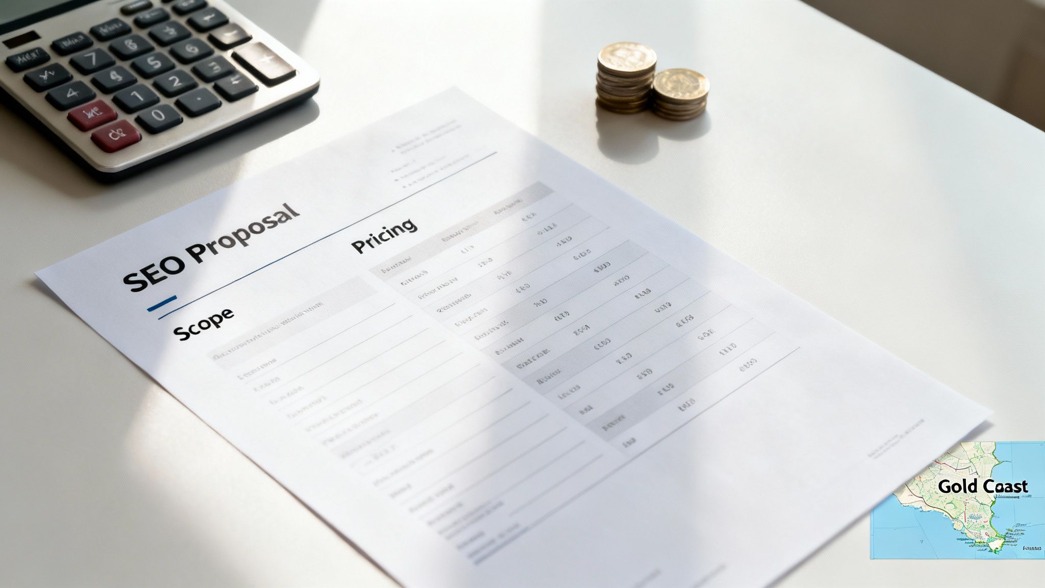 An SEO proposal document showing scope and pricing, with a calculator, coins, and a Gold Coast map on a desk.