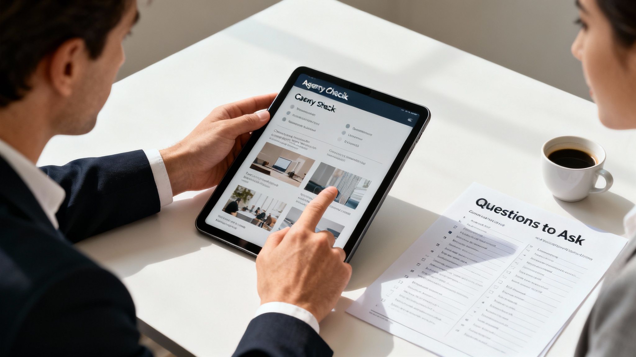 A group of professionals in a modern office, collaborating on a project around a large screen displaying charts and social media icons.
