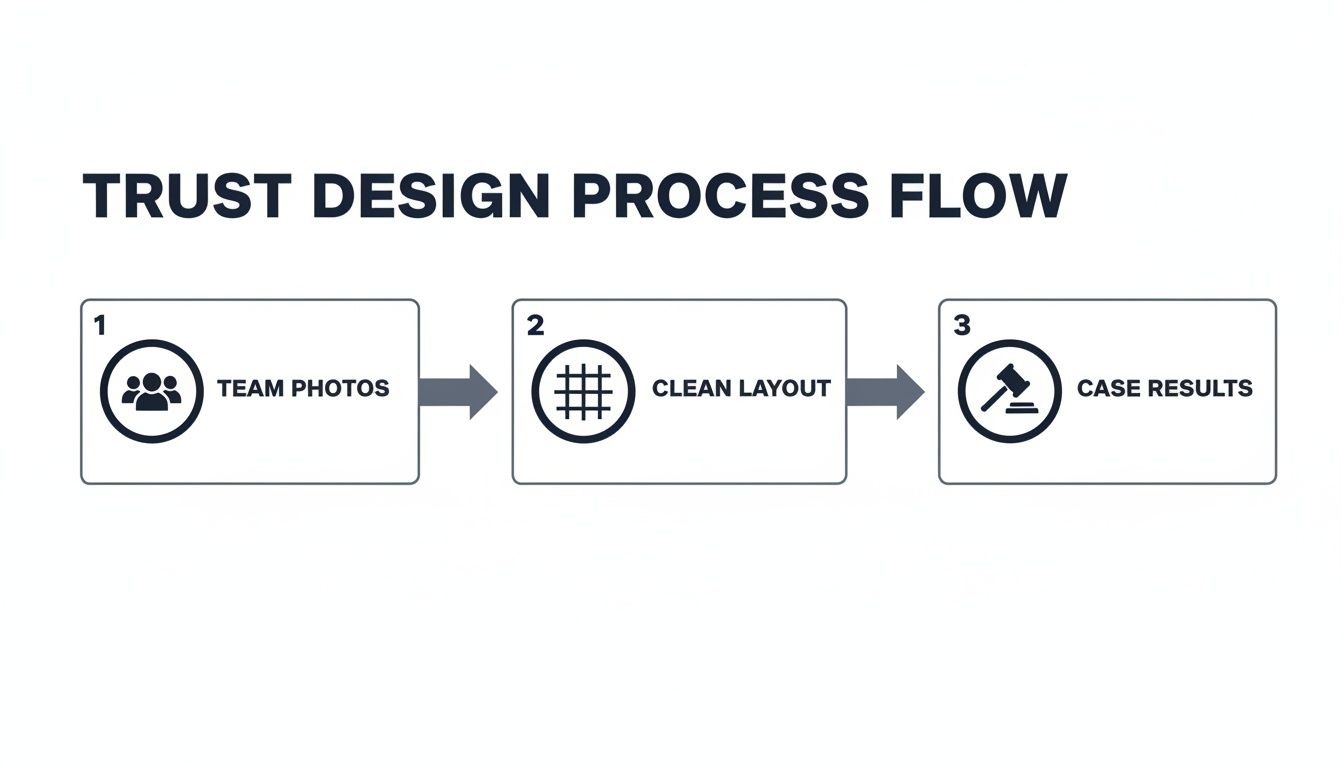 Infographic showing the three-step Trust Design Process: Team Photos, Clean Layout, and Case Results.