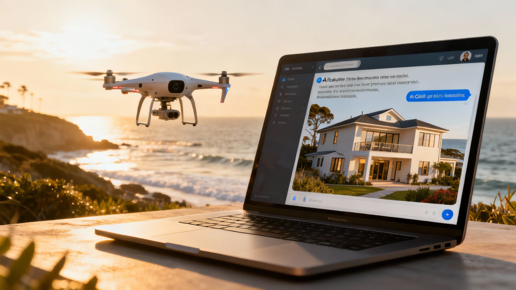 A real estate agent using a tablet to show clients a 3D virtual property tour in a modern living room.