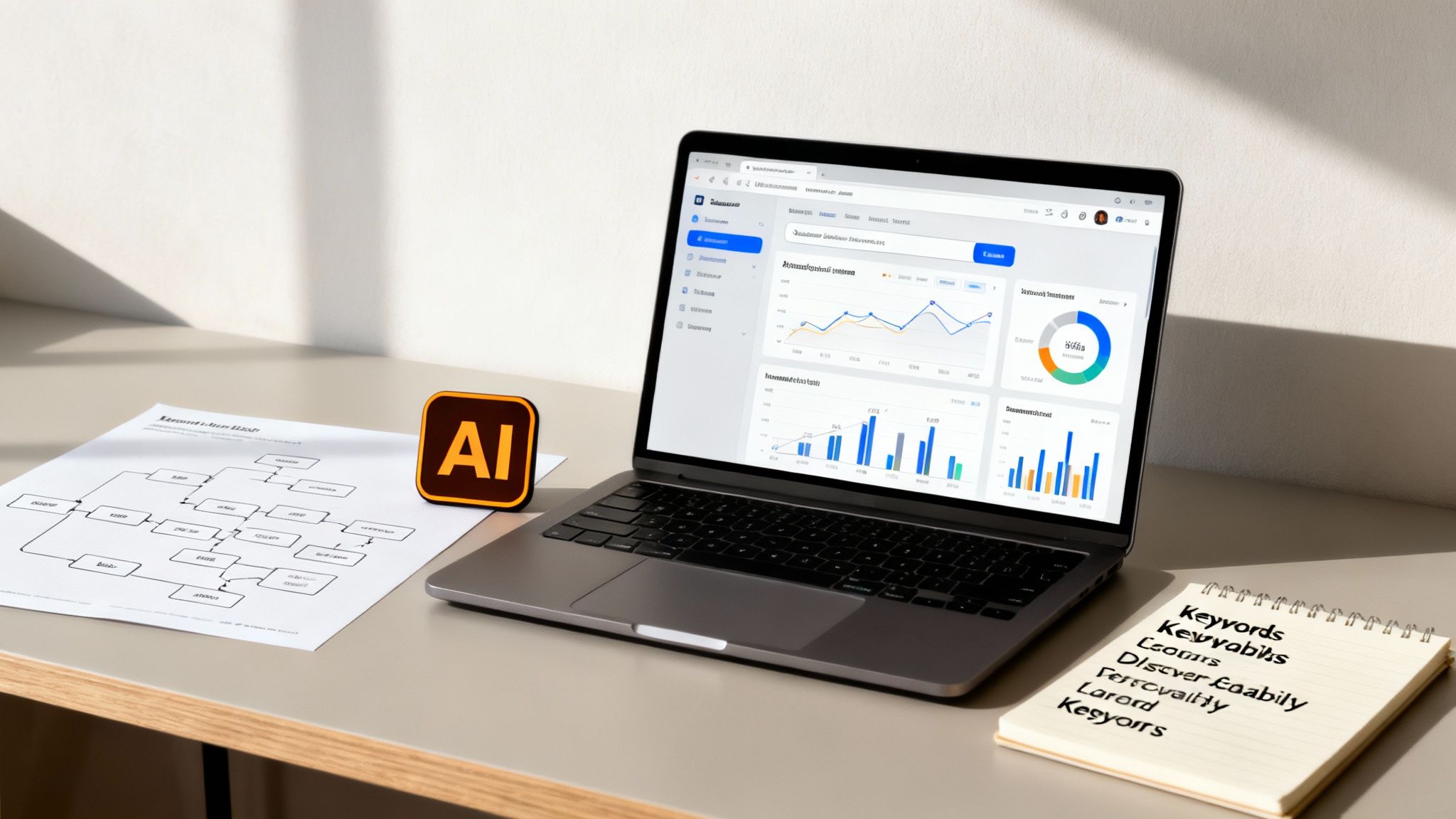 A workspace featuring a laptop displaying data analytics, an AI logo, a flowchart, and a keyword notebook.