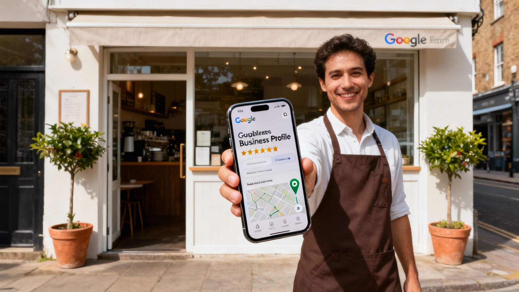 Happy small business owner shows a 5-star Google Business Profile on his smartphone.