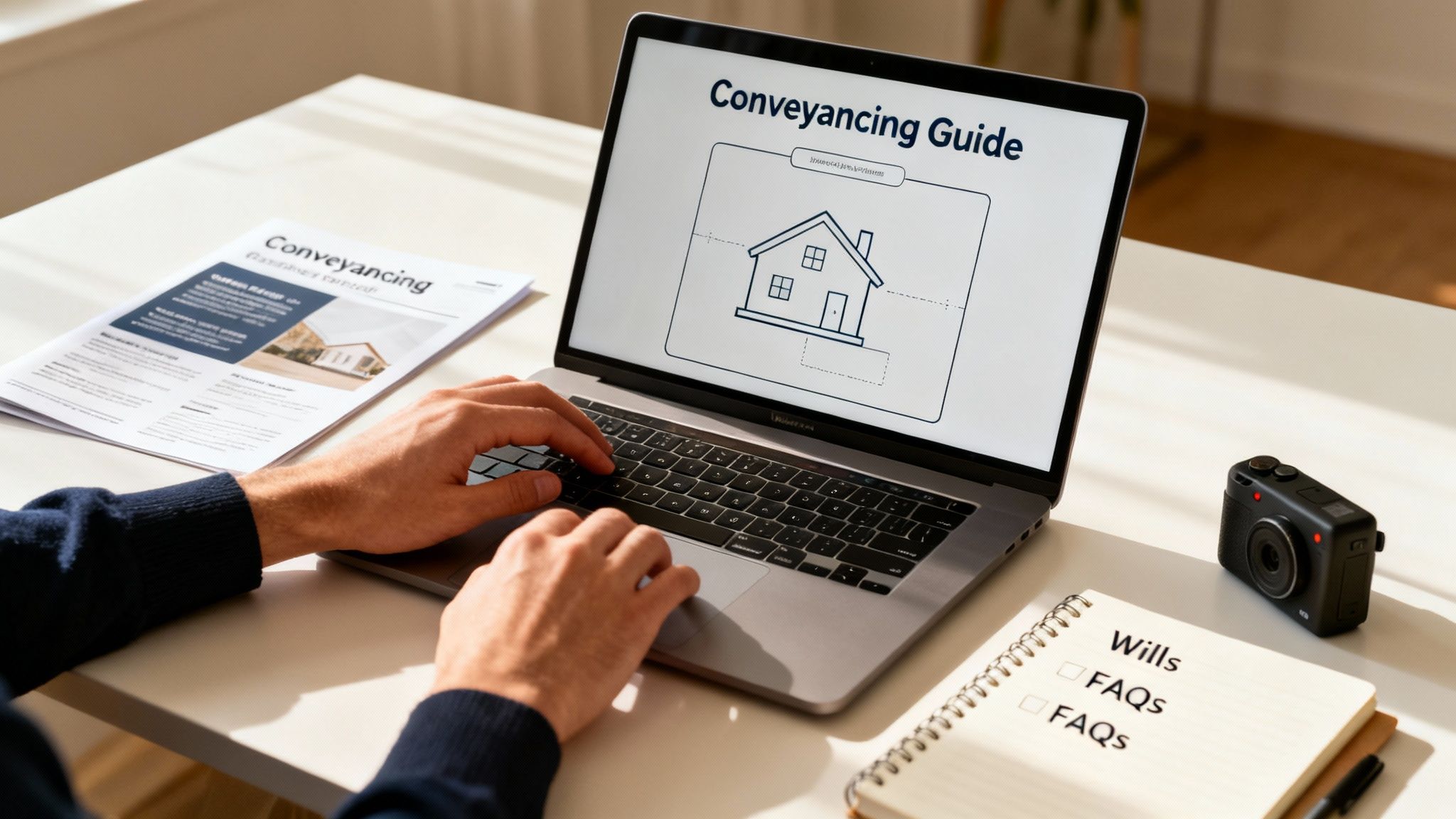 Person typing on laptop displaying a 'Conveyancing Guide' with legal documents on a desk.