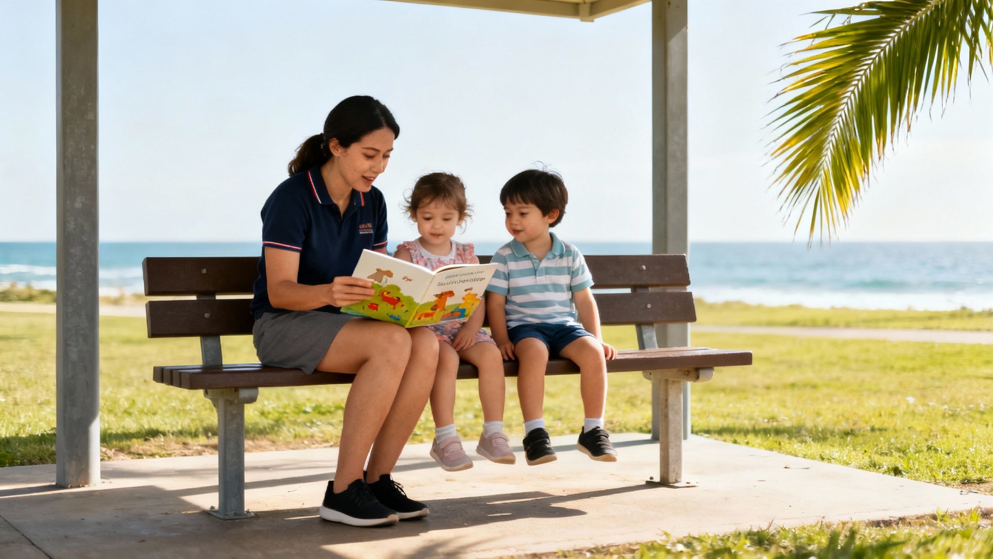 A child and parent reading a book together in a sunny room, representing family connection