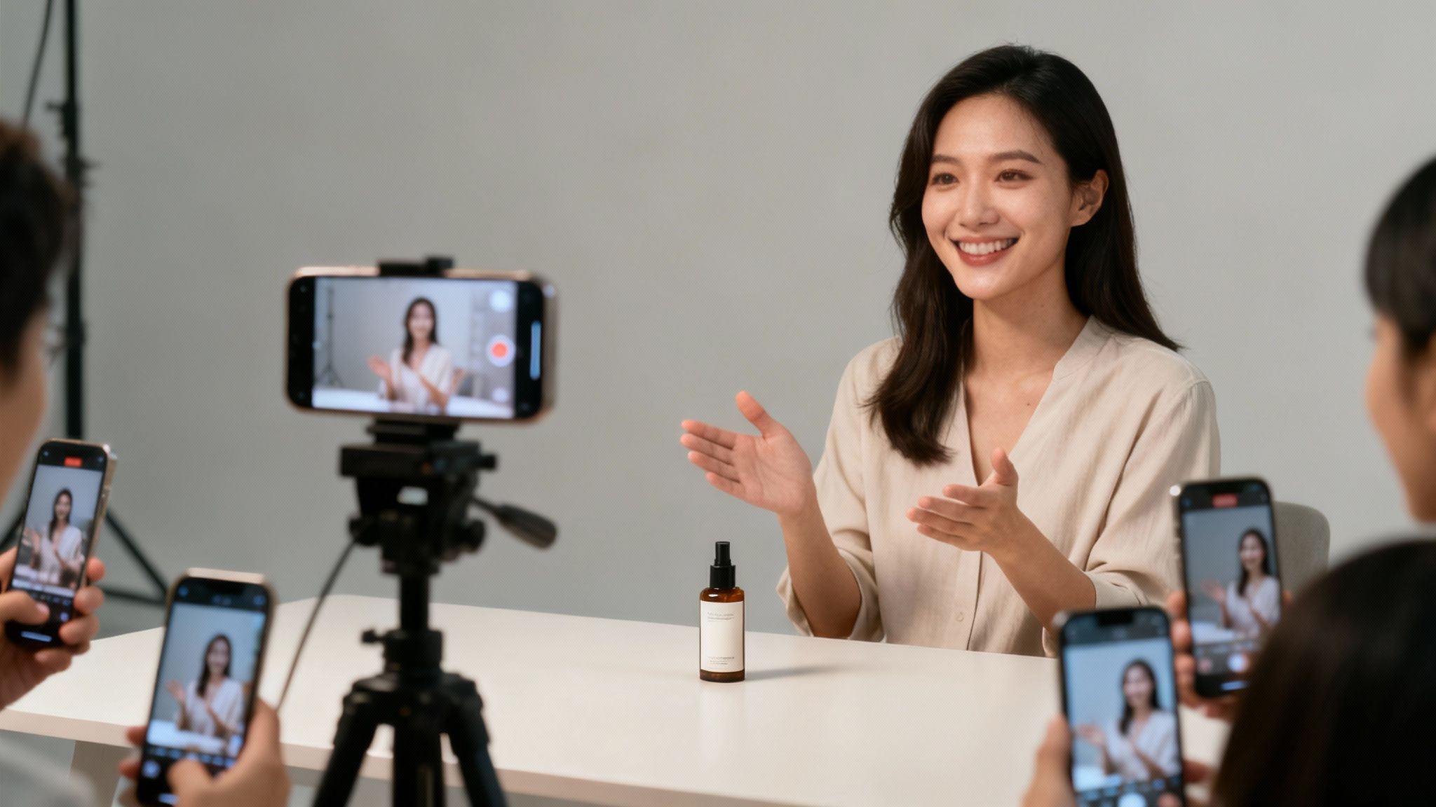 A diverse group of influencers collaborating on a creative project, showcasing products in a natural, engaging setting.