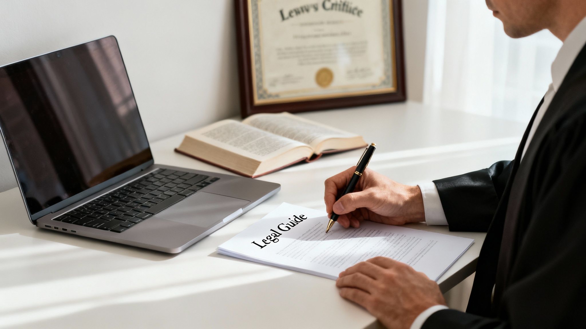 A lawyer in a black robe writes on a "Legal Guide" document, with a laptop and books on the desk.