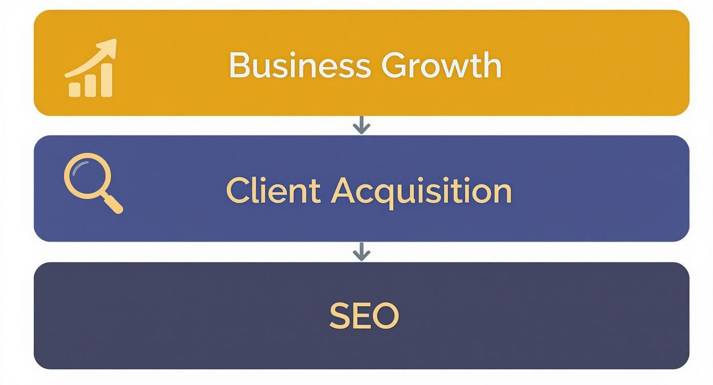 A three-step flowchart showing how SEO leads to client acquisition and business growth with relevant icons.