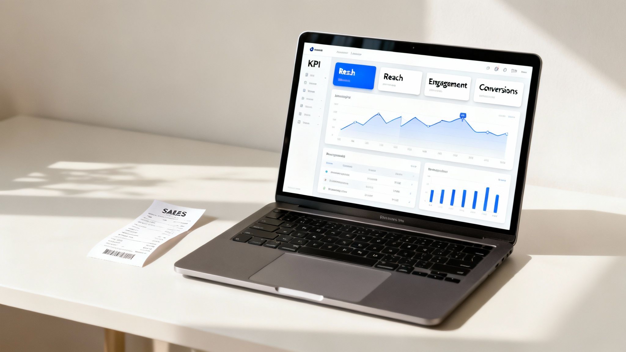 A laptop on a white desk displays a digital marketing dashboard with KPI graphs and sales metrics, alongside a sales receipt.